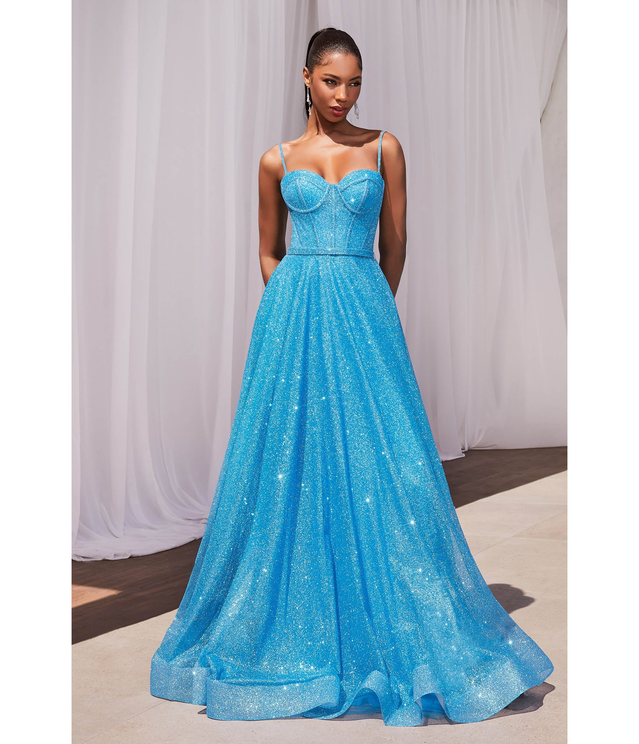 Ladivine by Cinderella Divine Ocean Blue Glitter Strapless Prom Gown