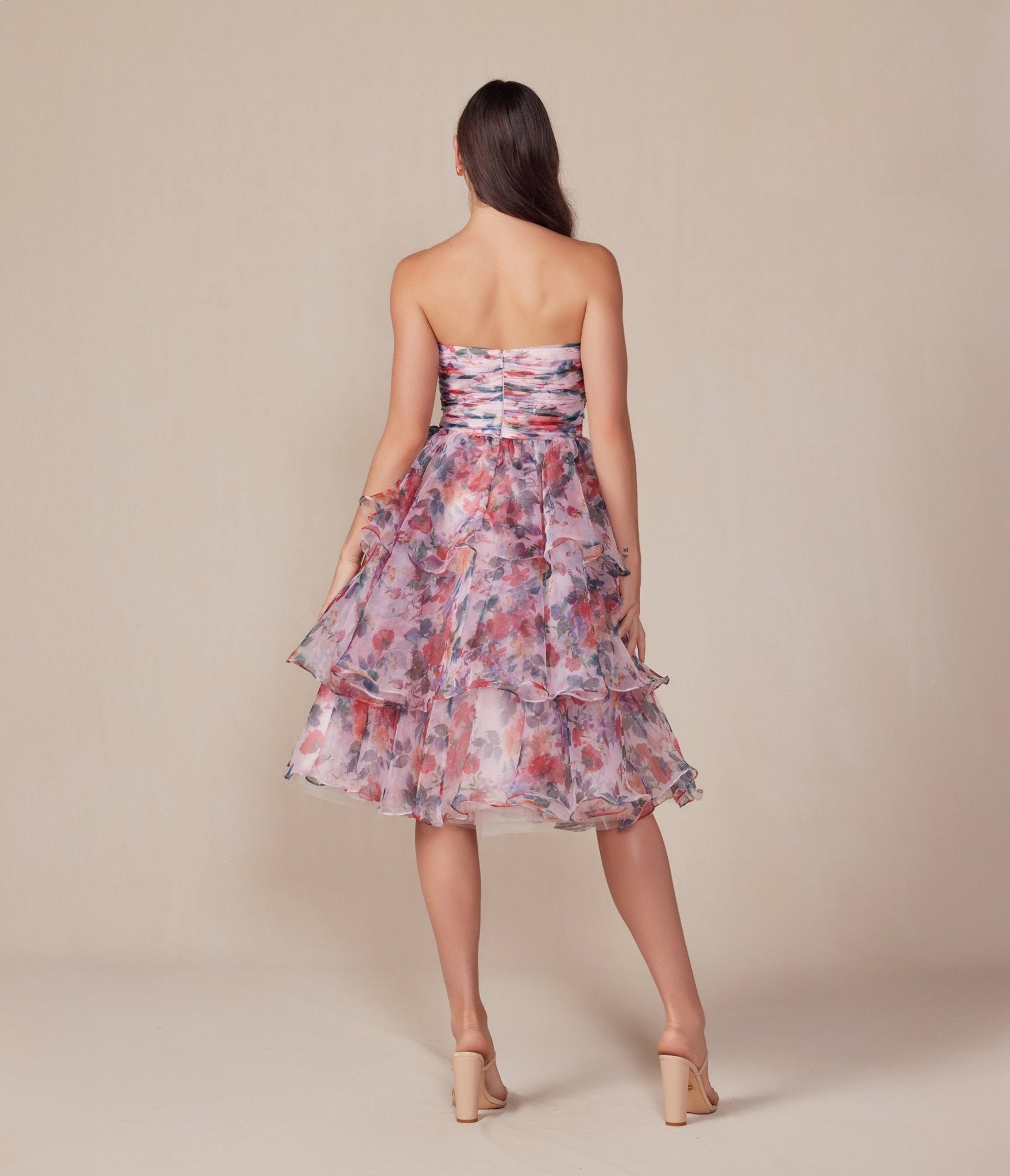 Blush Floral Print Short A-Line Strapless Prom Dress