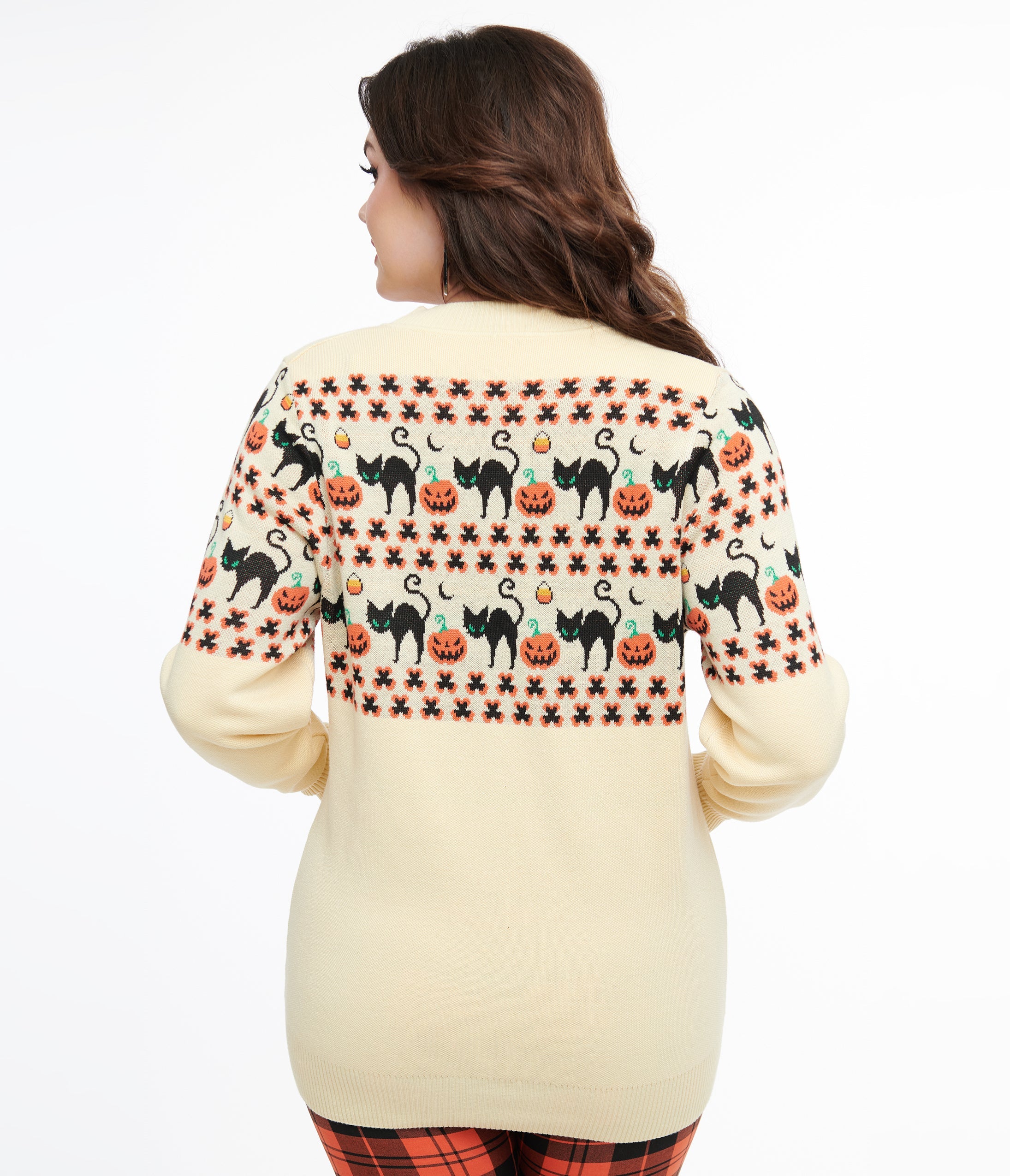 Unique Vintage 1960s Ivory & Orange Halloween Print Cardigan