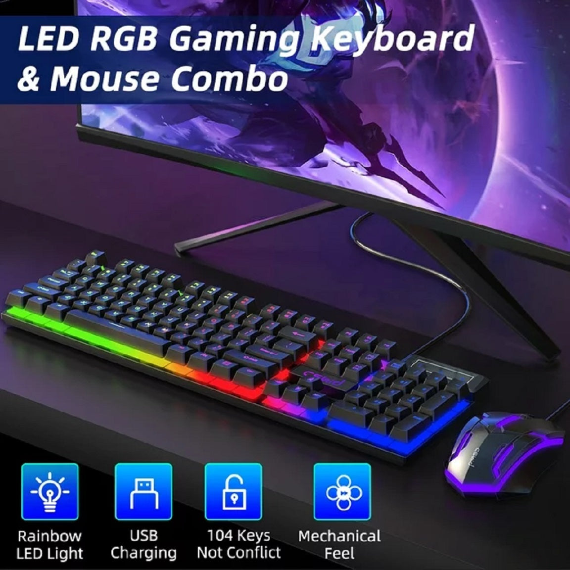 Cshidworld D500 RGB Backlit Mechanical Feel Wired Gaming Keyboard & Mouse Combo