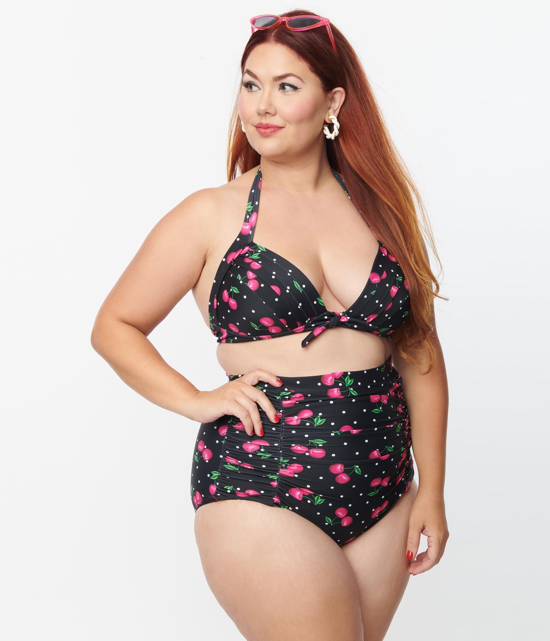 Unique Vintage Plus Size Black & Hot Pink Cherry Pin Dot Monroe Swim Top