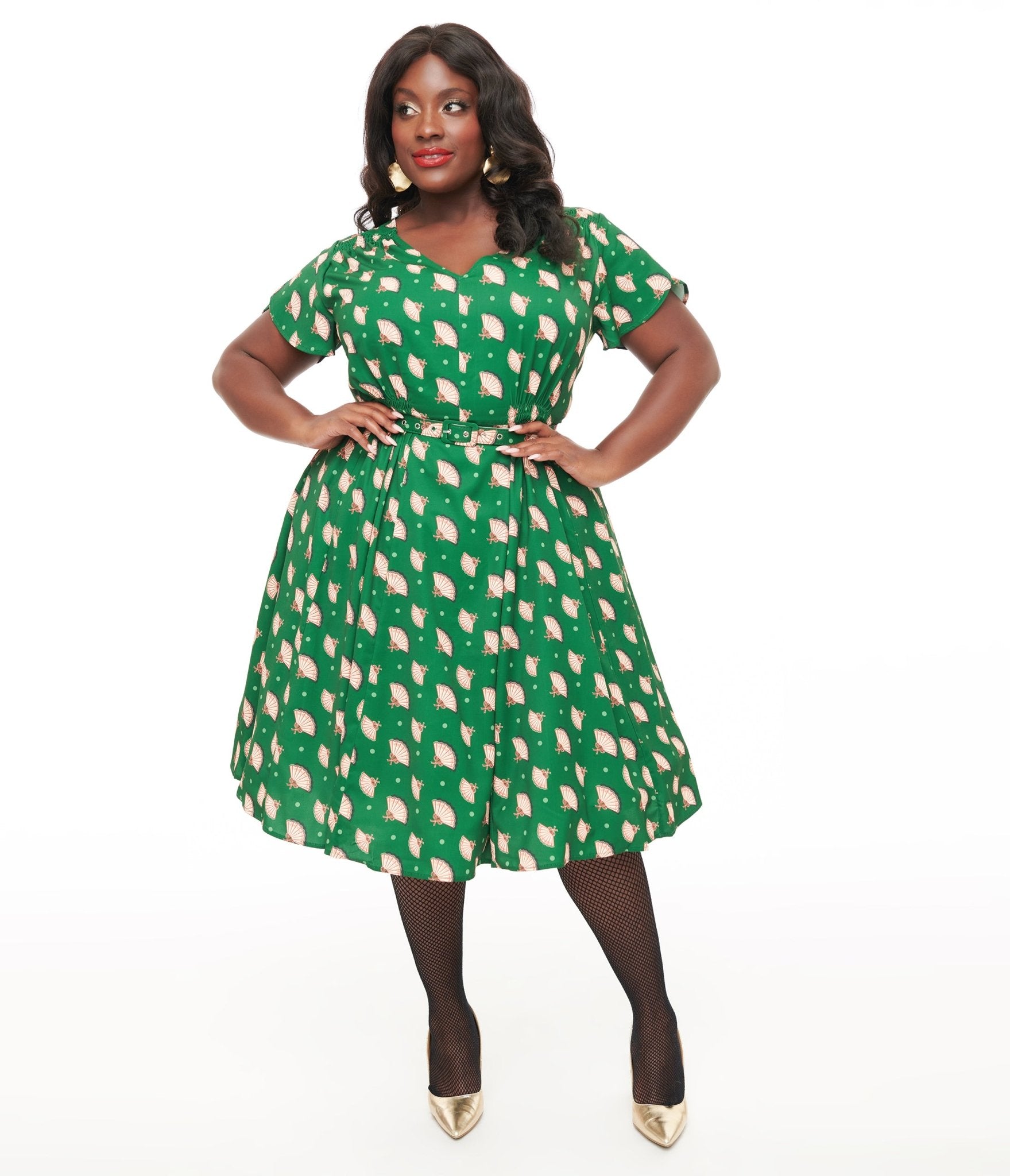 Unique Vintage 1940s Hunter Green Fan Print Tulip Sleeve Swing Dress