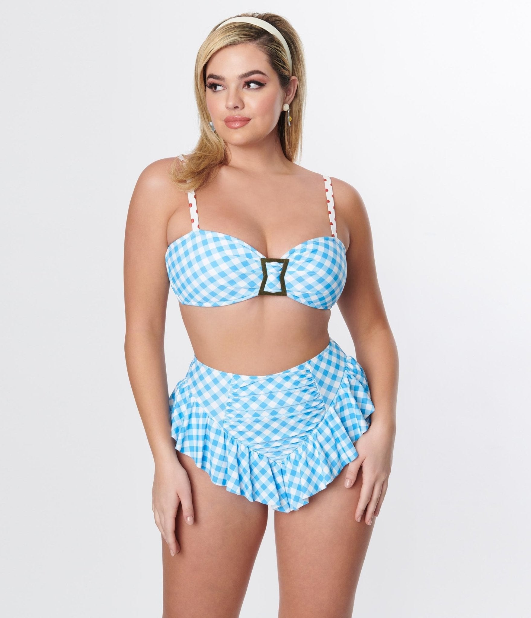 Unique Vintage Blue Gingham Buckle Swim Top