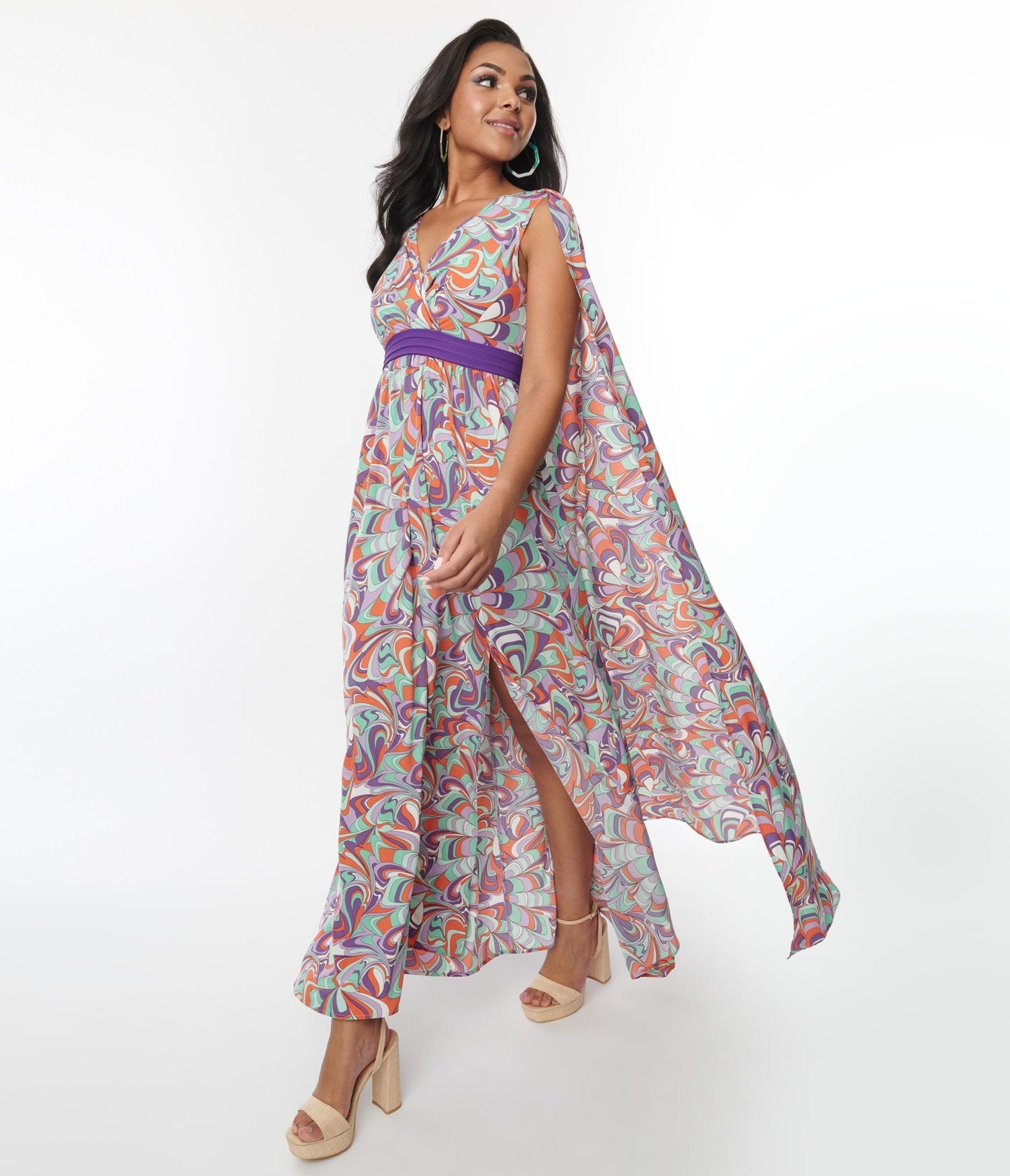 Unique Vintage Purple & Mint Psychedelic Wave Print Cape Maxi Dress