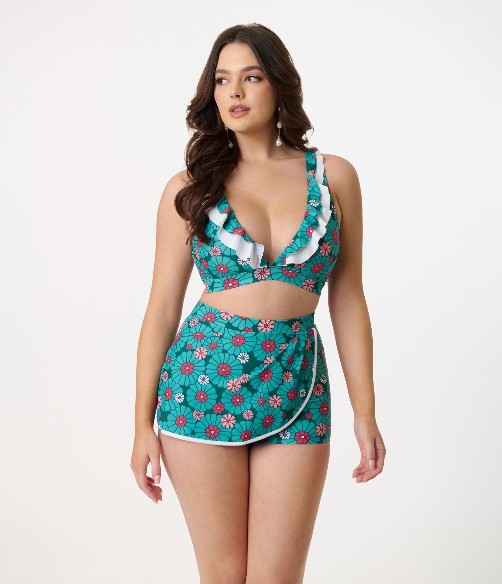 Unique Vintage Teal Flower Child High Waist Skort Swim Bottom