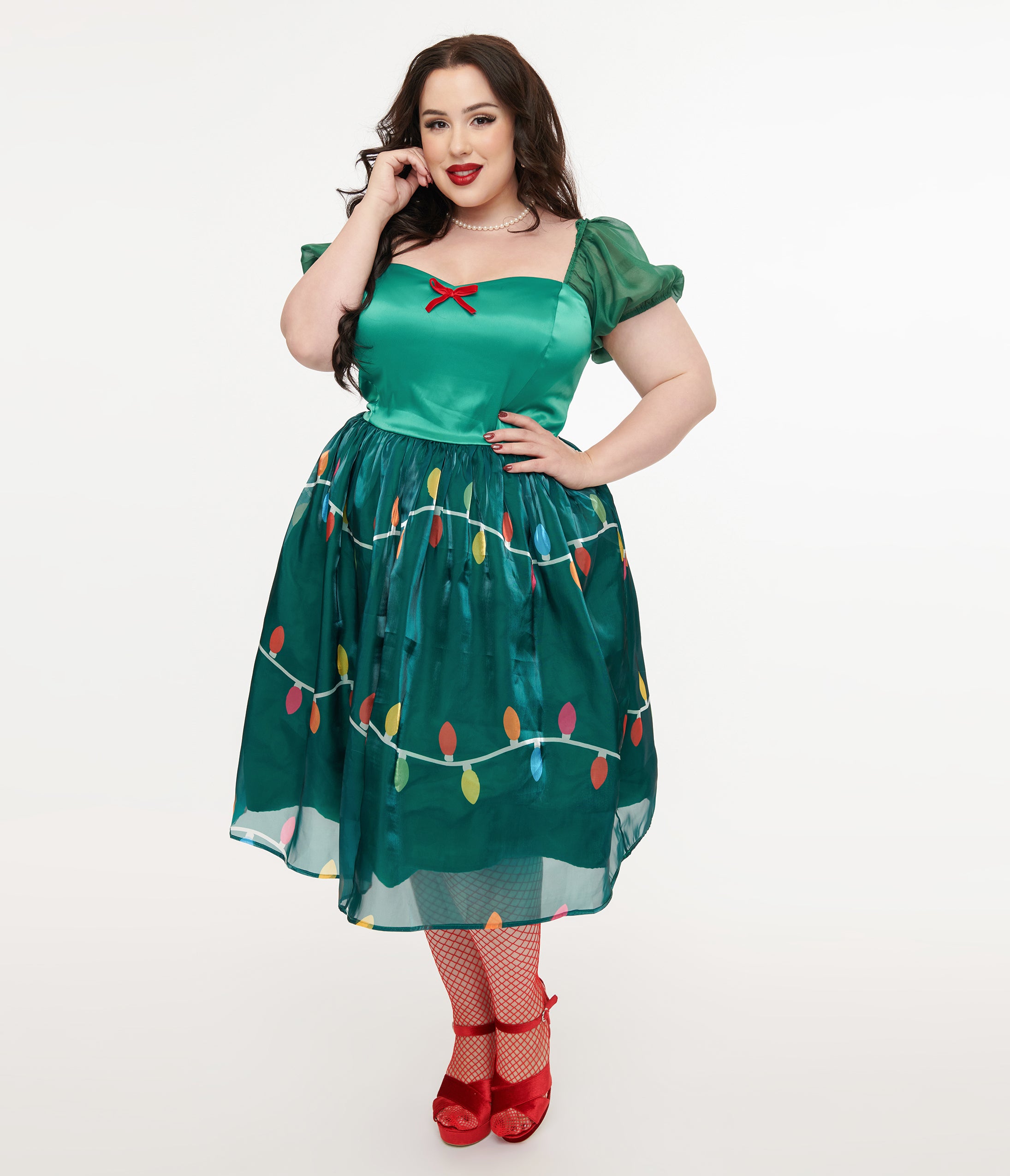 Unique Vintage Light Up Plus Size 1950s Green Christmas Lights Print Sweetheart Dress