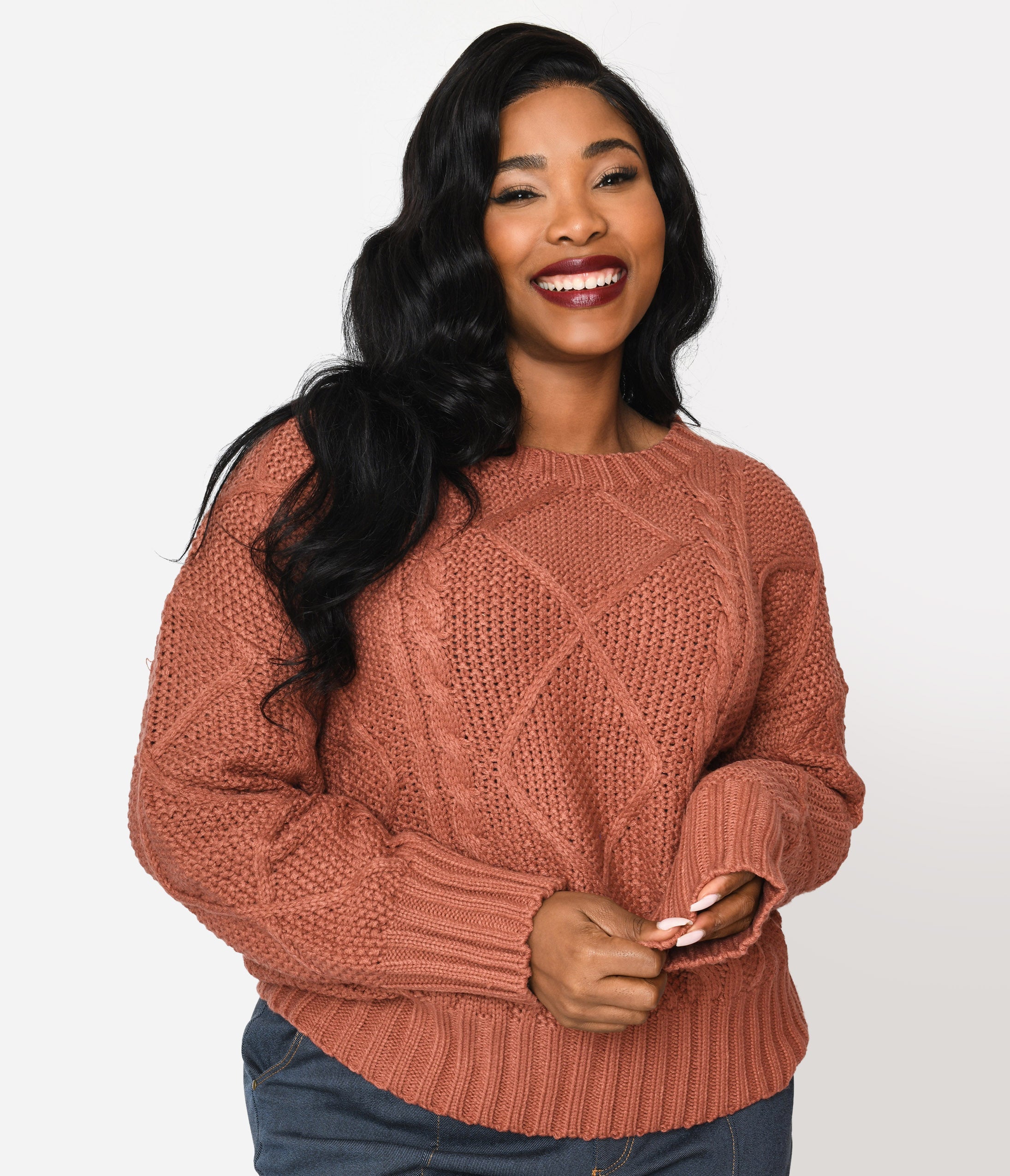 Plus Size Brick Red Cable Knit Oversize Sweater