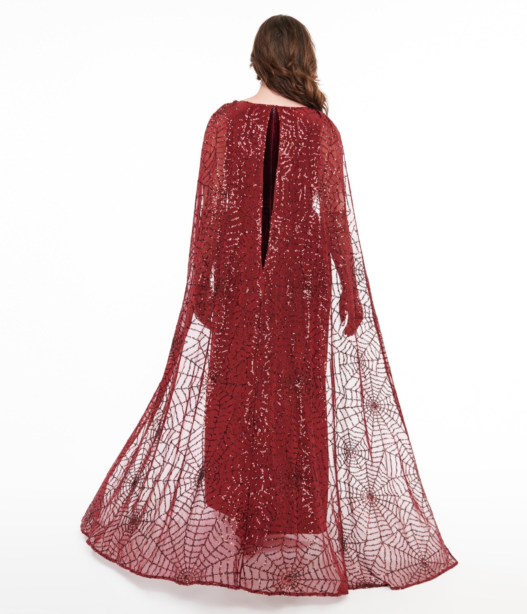 Disney Hocus Pocus Collection by Unique Vintage Burgundy Velvet & Spiderweb Sequin Cape Gown