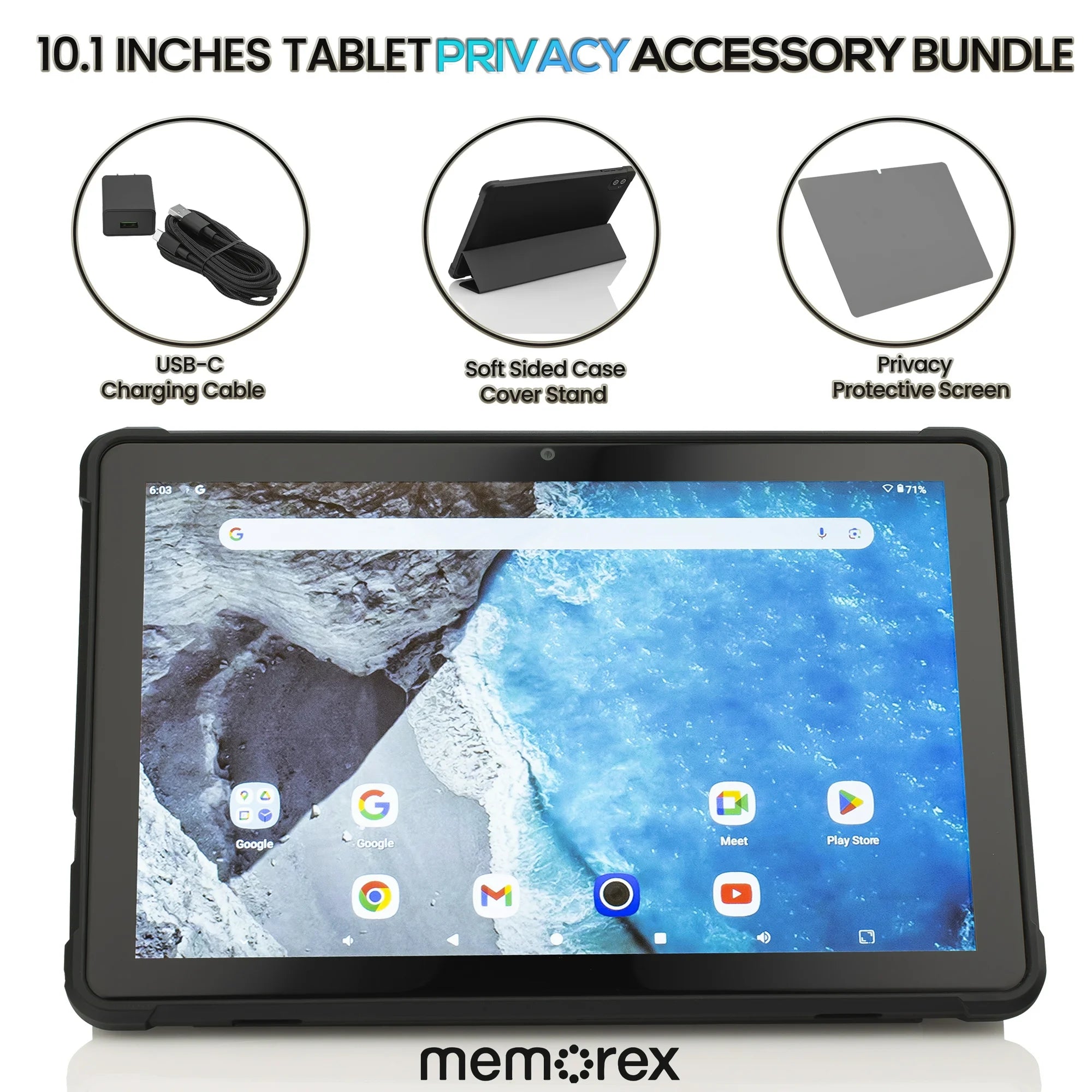 Memorex Mxtab101b 4-in-1 Bundle 10.1 HD IPS Android 14 8-Core 128GB Tablet With Case & Stand