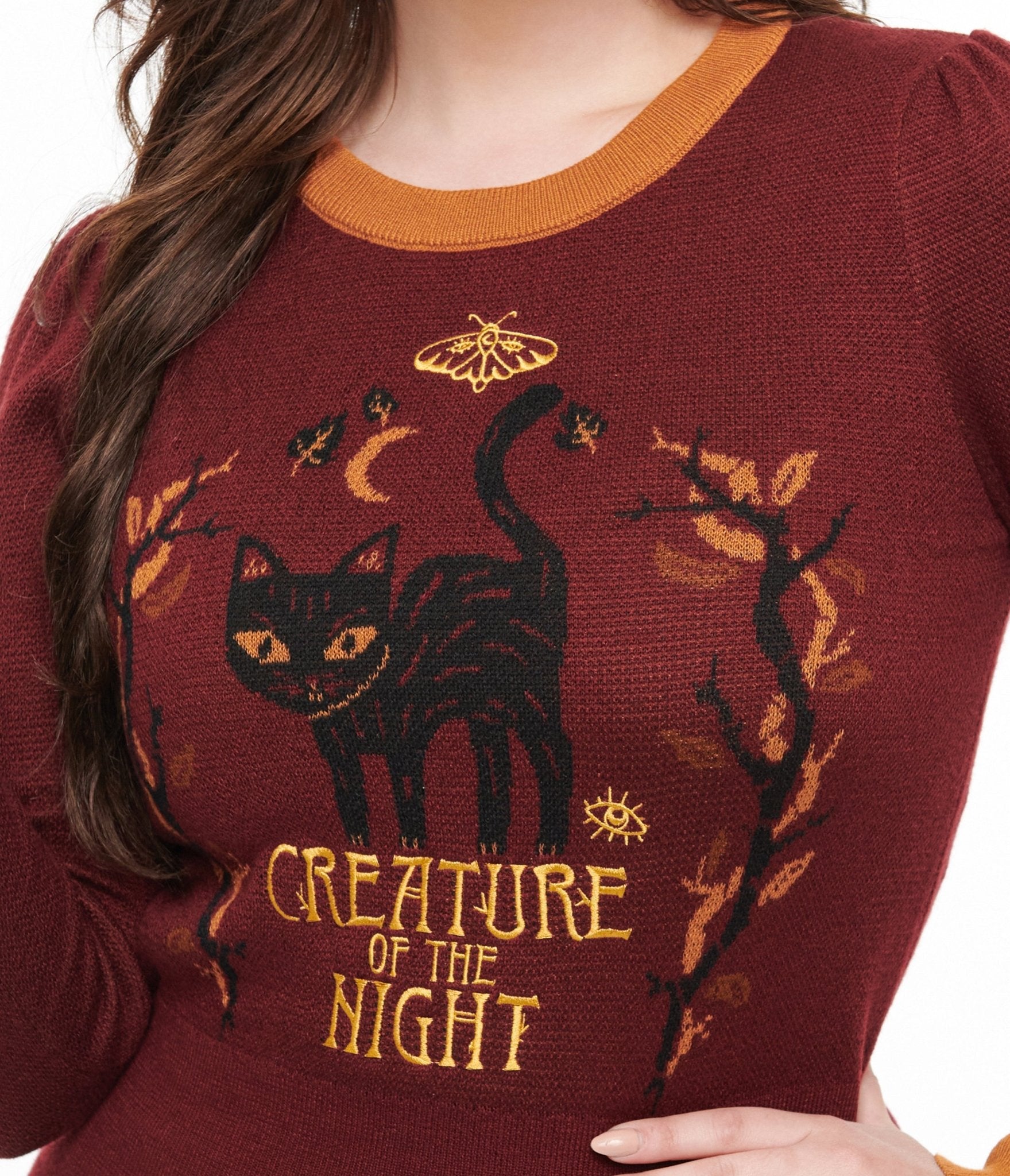 Disney Hocus Pocus Collection by Unique Vintage Burgundy Binx Hocus Pocus Embroidered Sweater