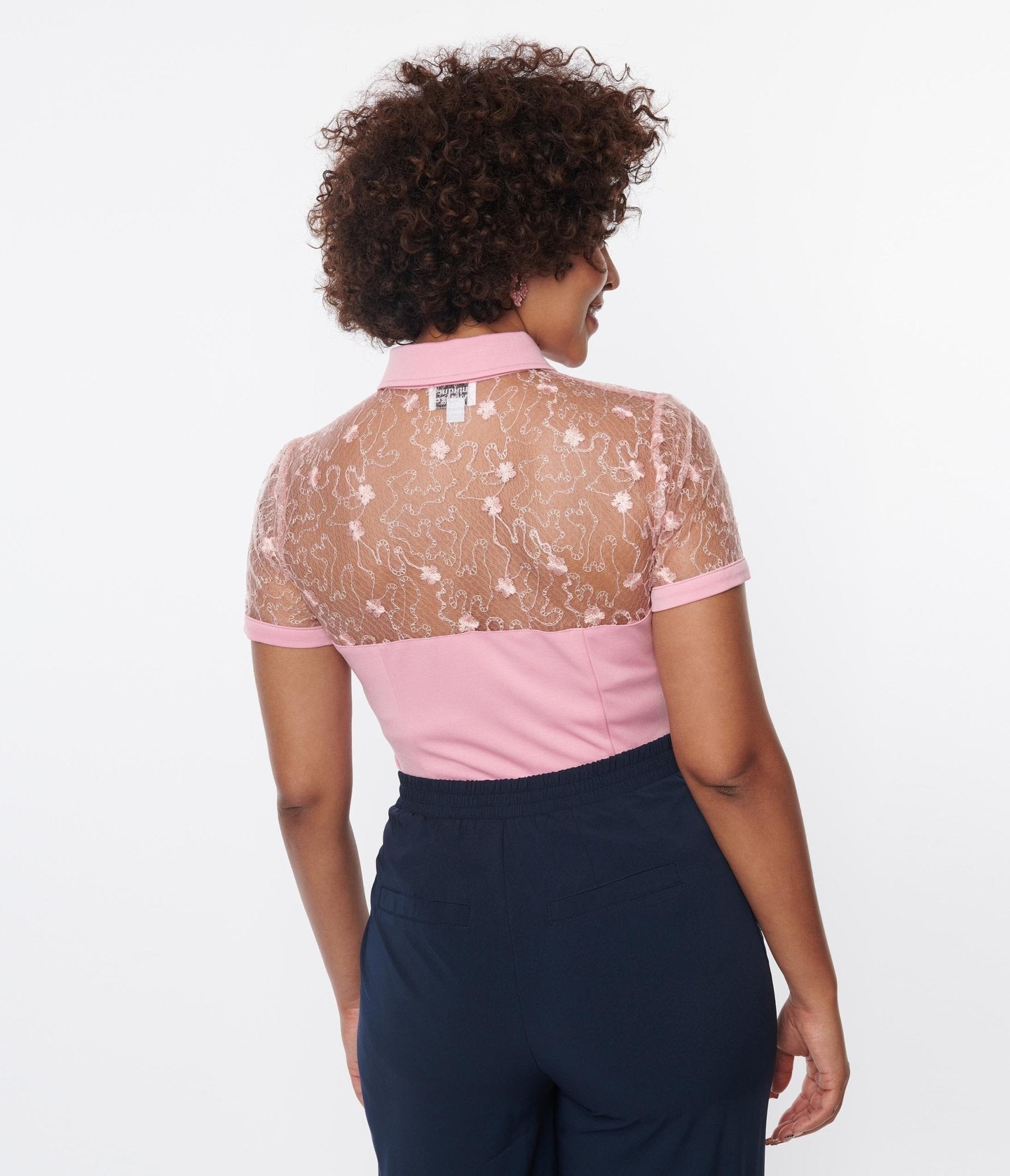 Unique Vintage Light Pink & Floral Mesh Sweetheart Top