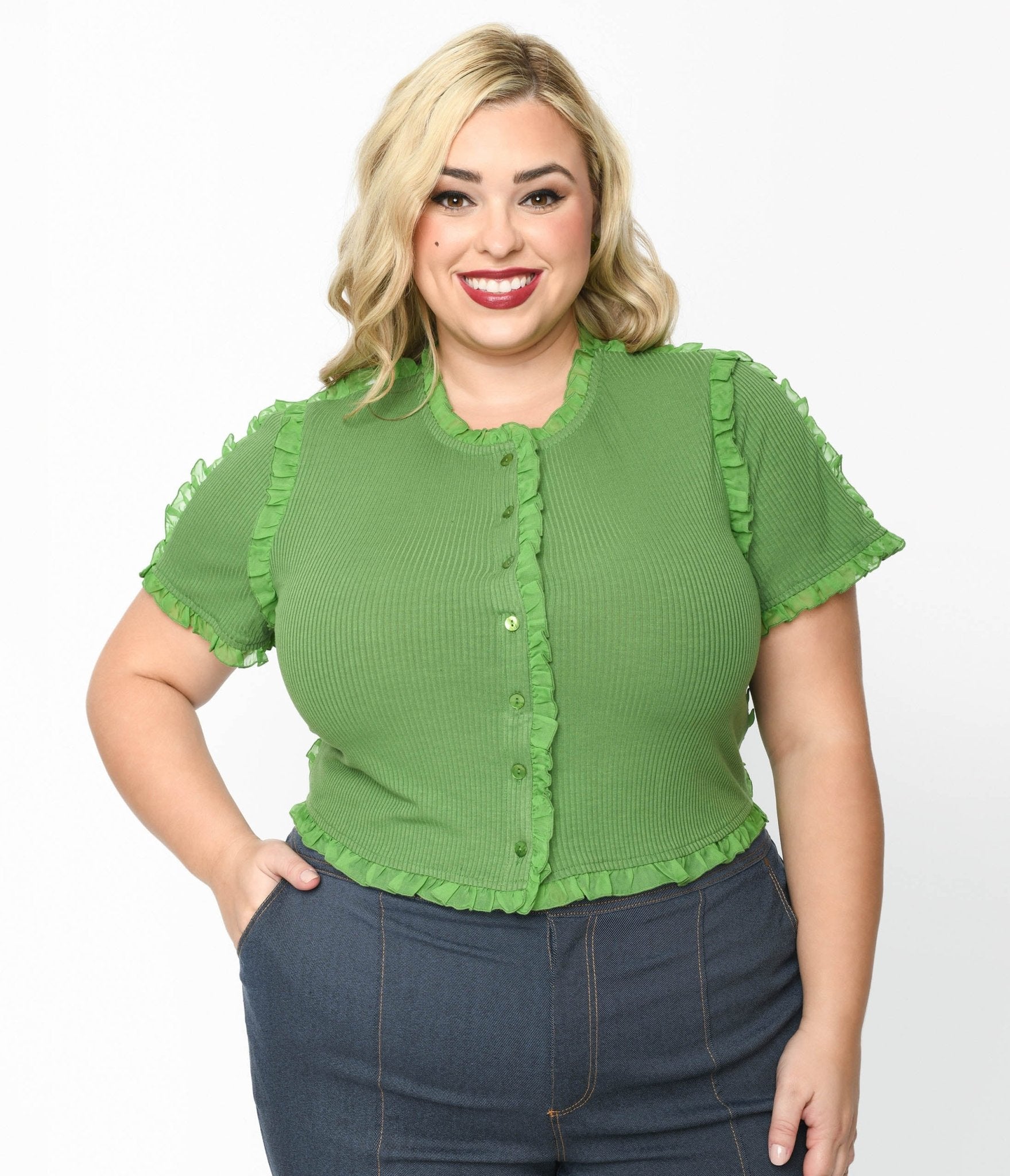 Cactus Green Ruffle Edge Knit Top