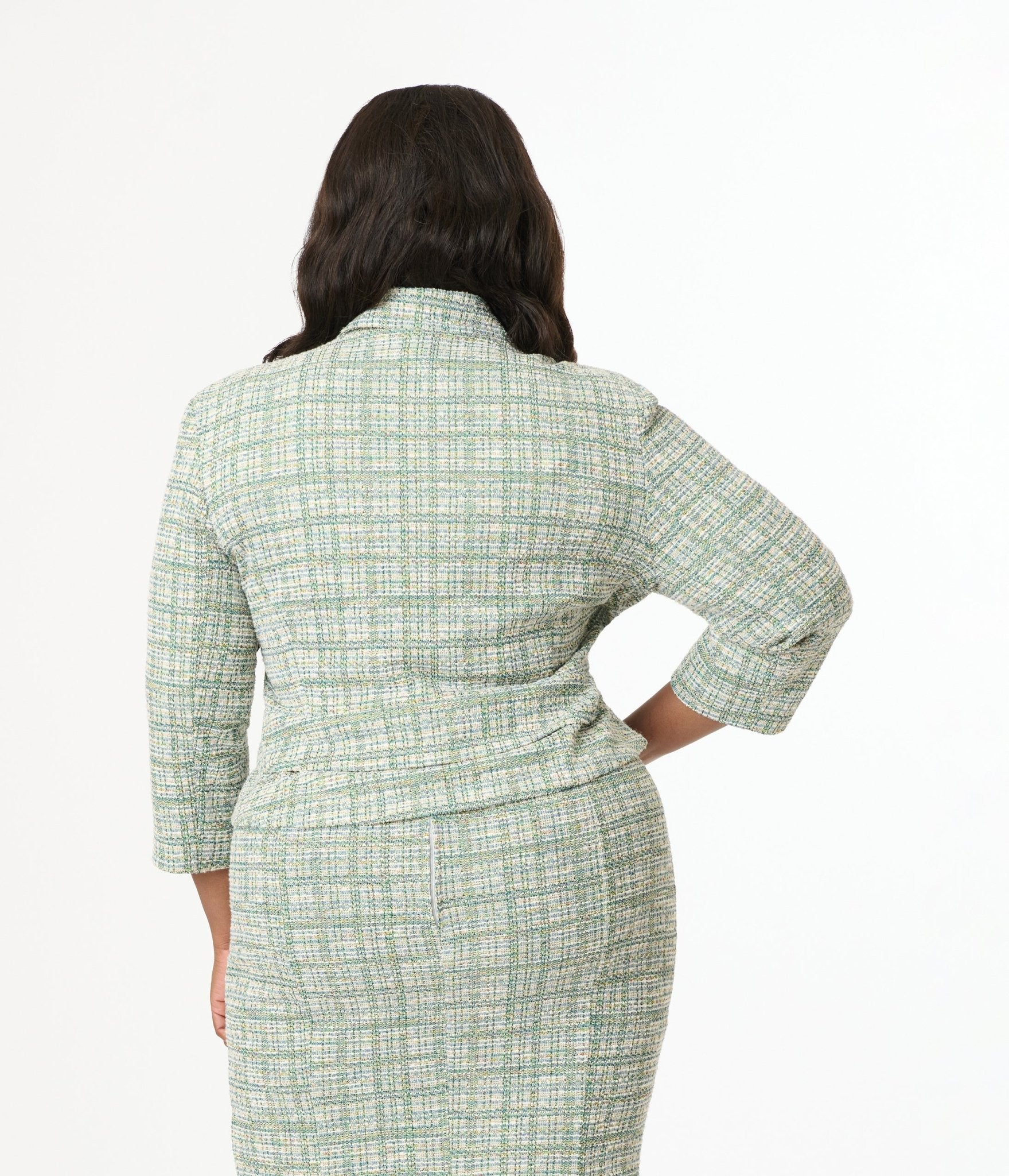 Unique Vintage Plus Size 1940s Green Plaid Boucle Peplum Jacket