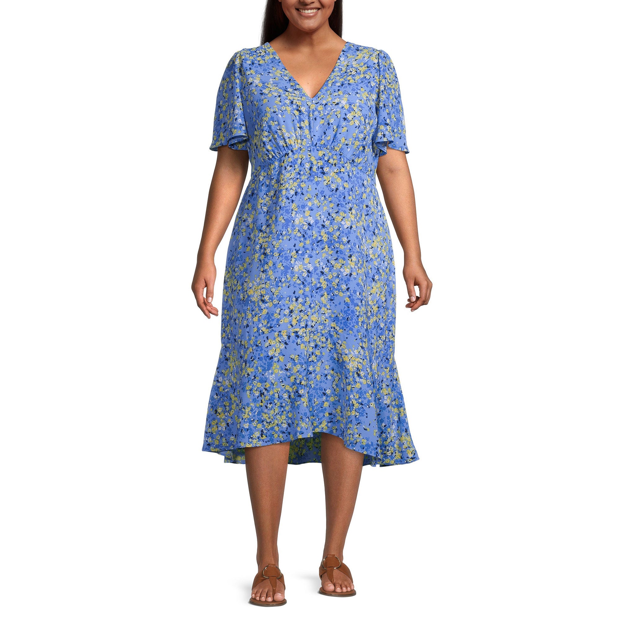 Liz Claiborne Short Sleeve Floral Midi A-Line Dress Plus - BLUE DITSY 24W