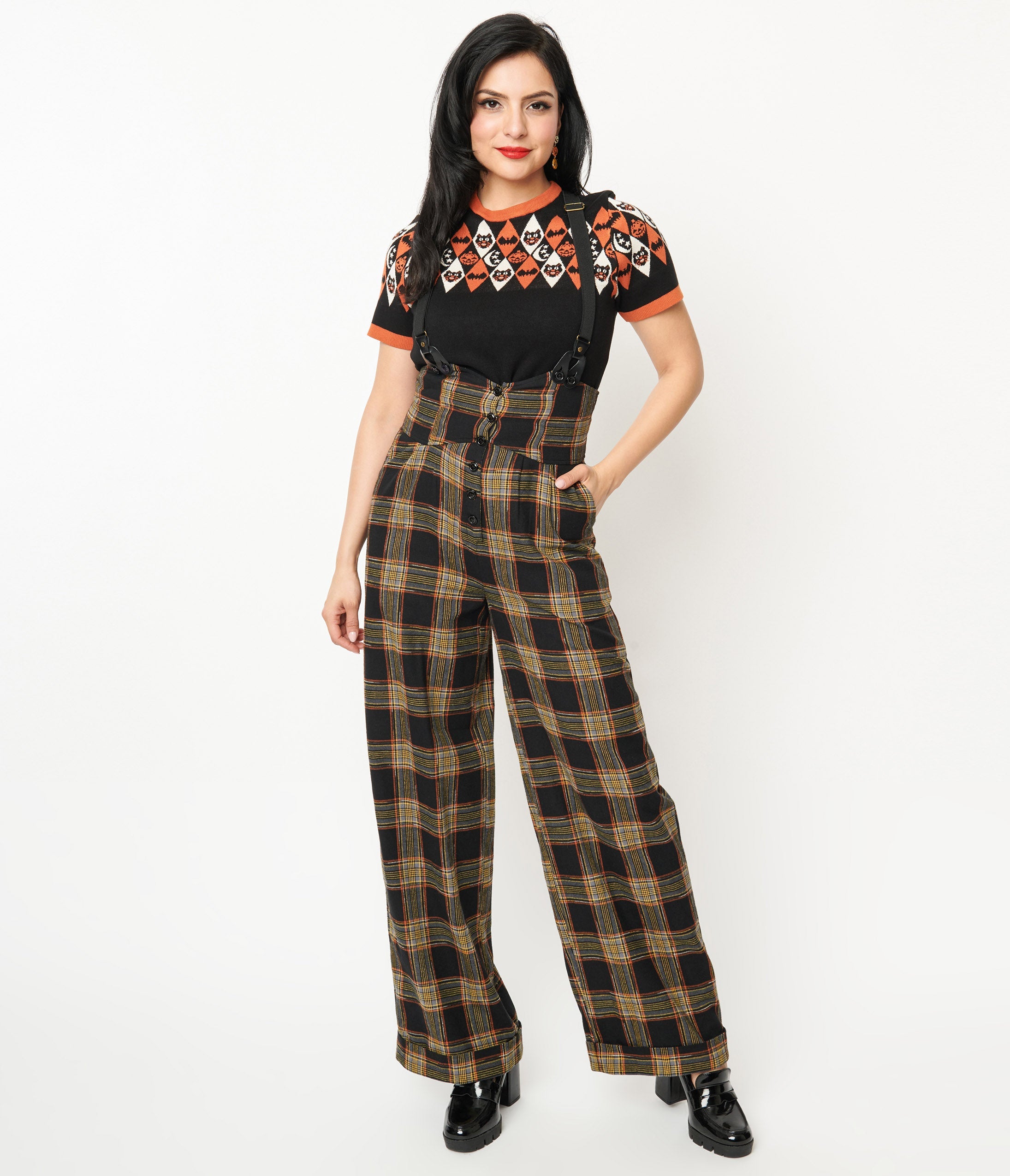 Unique Vintage 1930s Black & Orange Plaid Thelma Suspender Pants