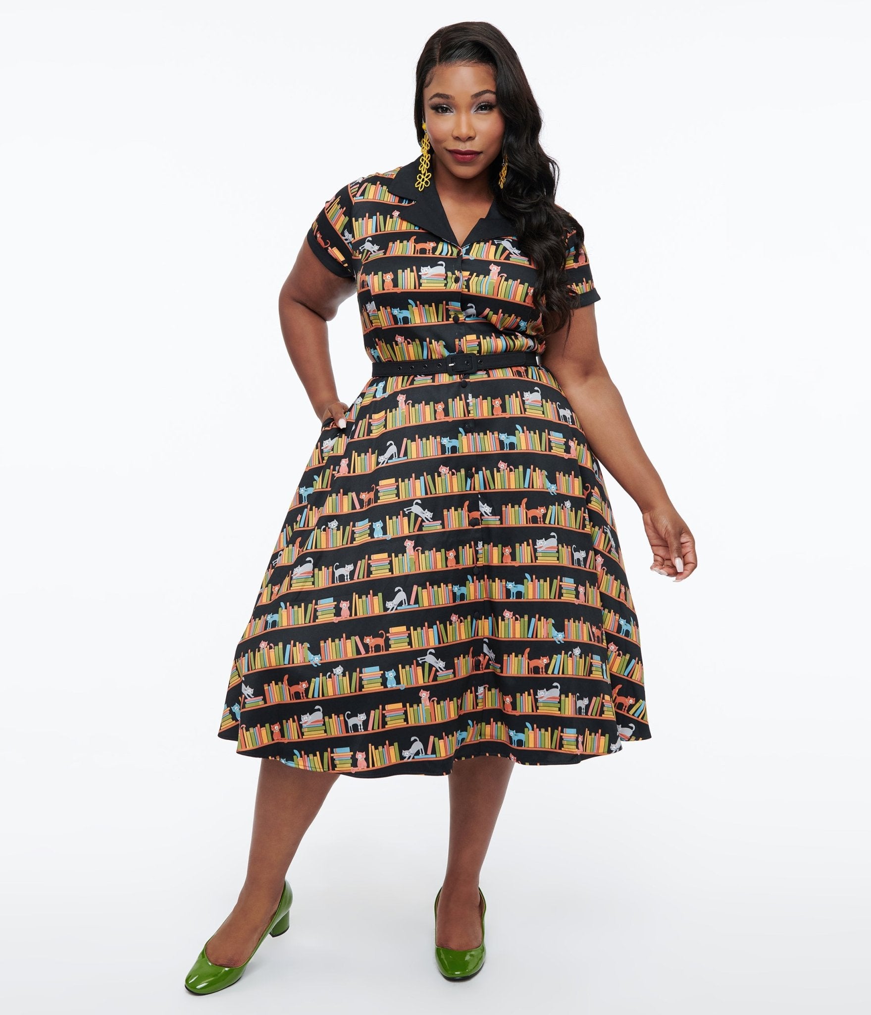 Unique Vintage Plus Size 1950s Cat & Bookshelf Print Alexis Swing Dress