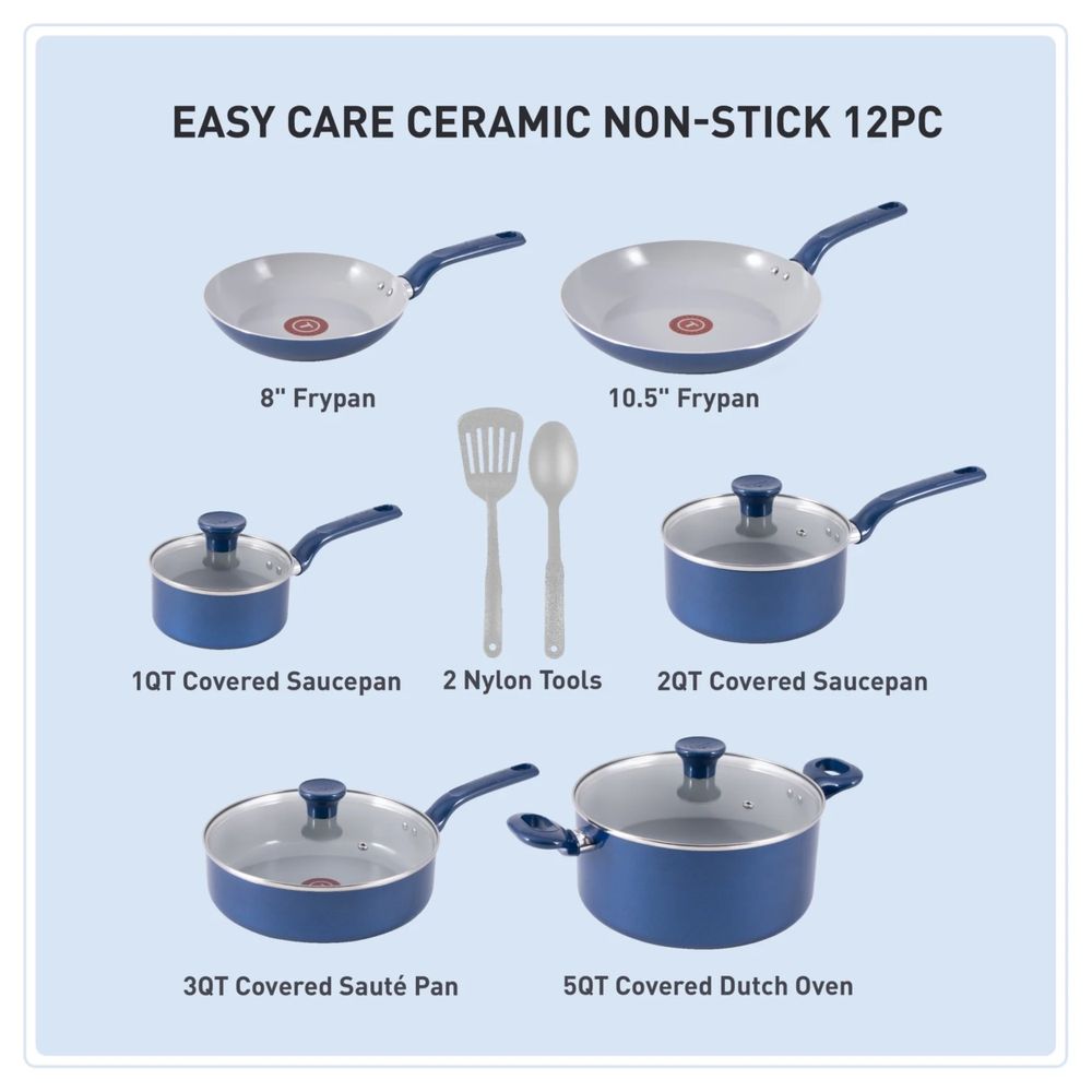 T-fal C483SC64 12 Piece Non Stick Ceramic Cookware Set, Blue