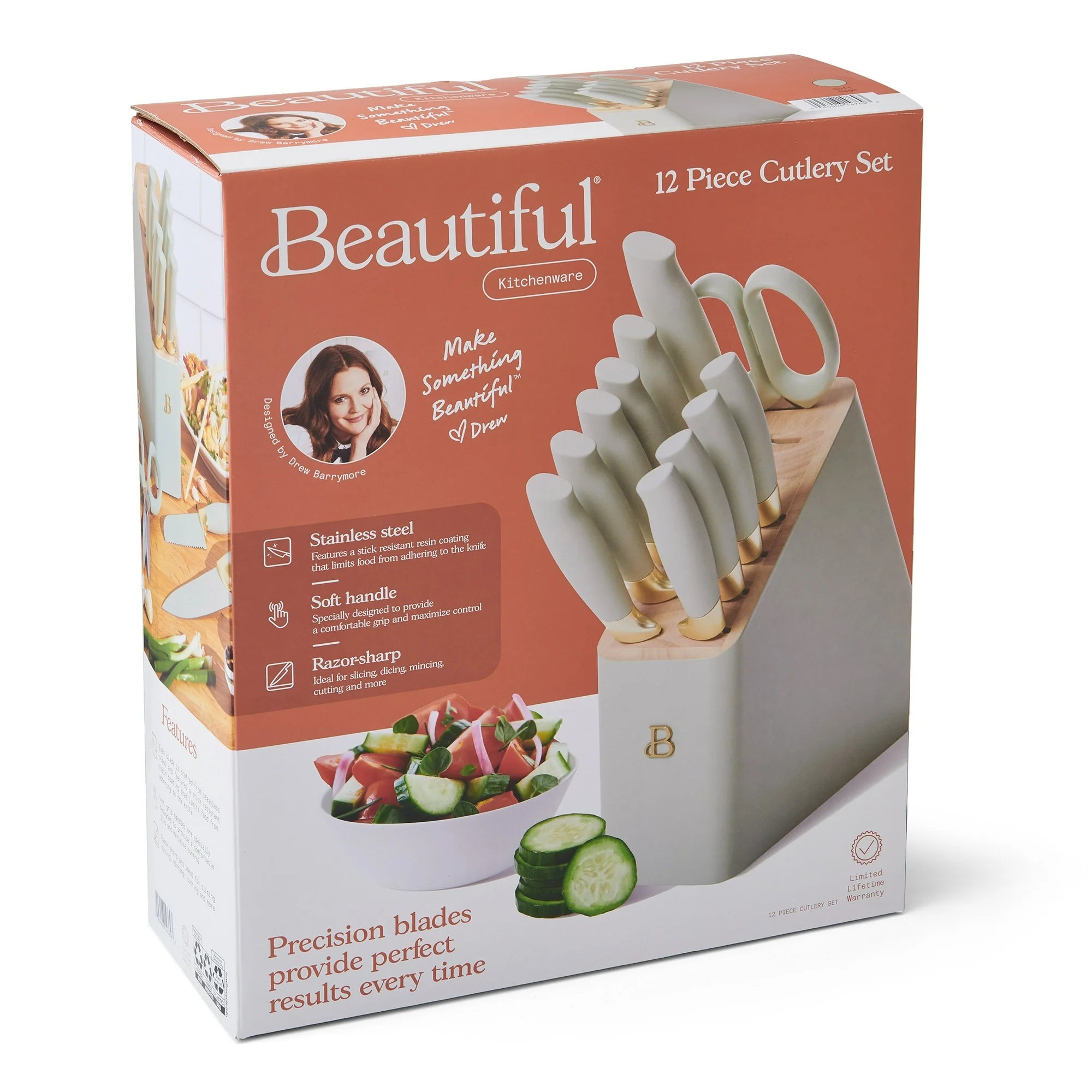 Beautiful 5321165 12pc Sage Green Stainless Steel Knife Block Set Soft-Grip Handles by Drew Barrymore