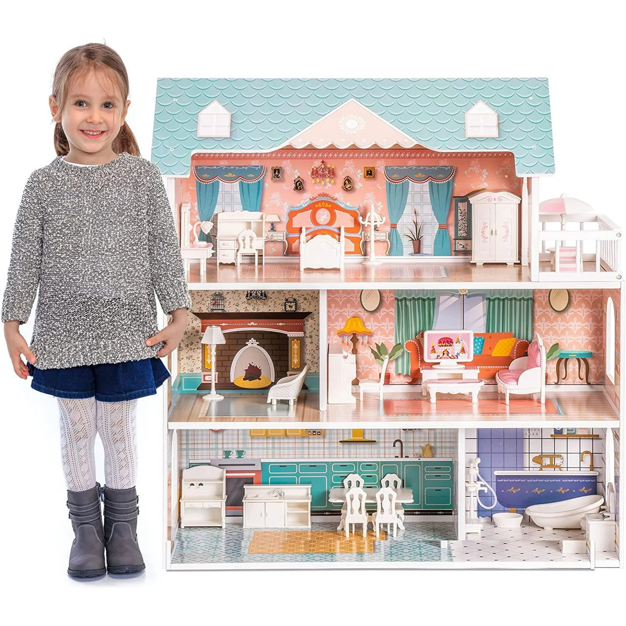 Robud WDH01 Lady Wooden Dollhouse,3 Story with Balcony, 28 Accessories Toy Gift for 3+Years Kid Girls