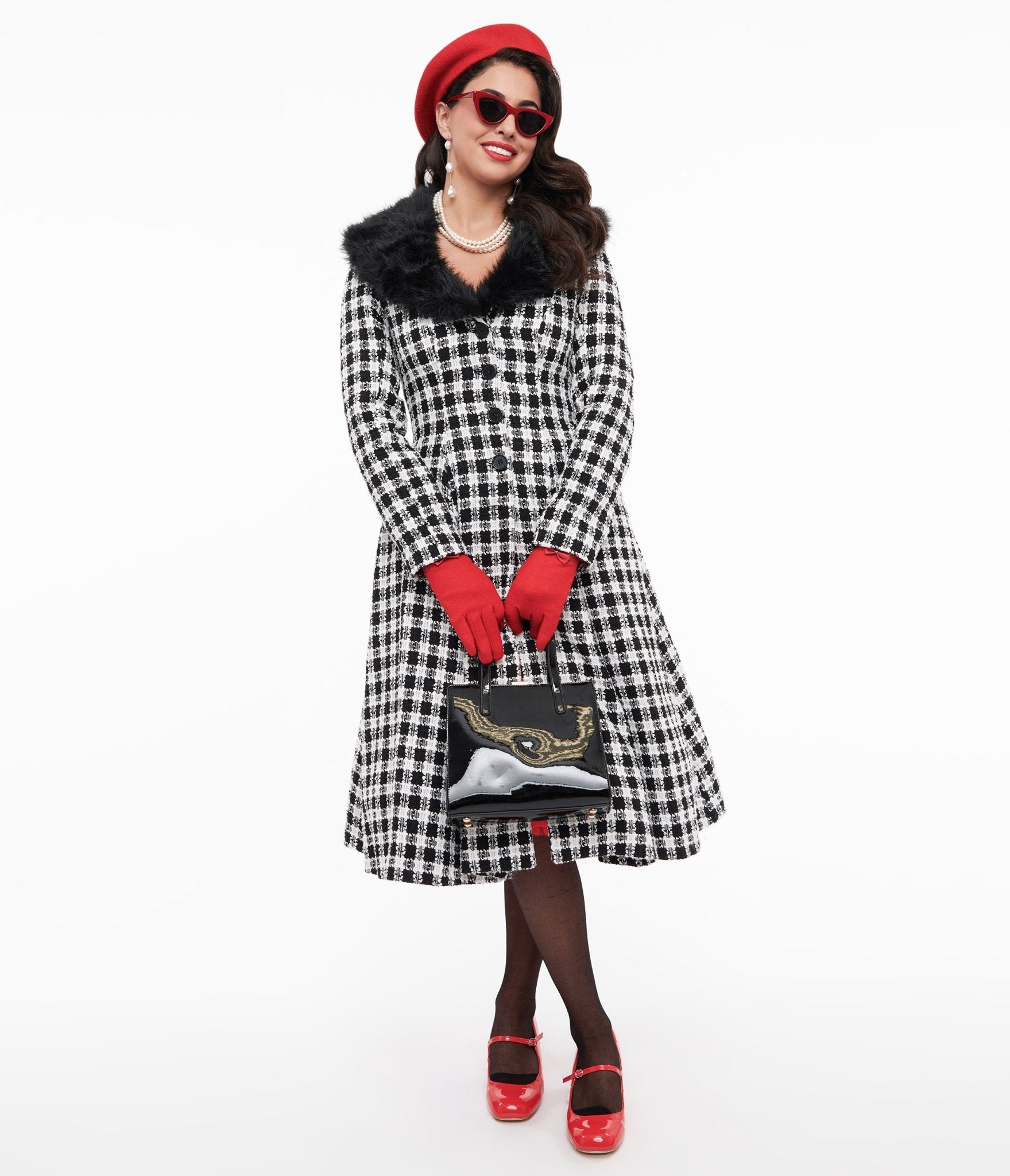 Unique Vintage 1950s Black & White Plaid & Black Fur Carrie Swing Coat