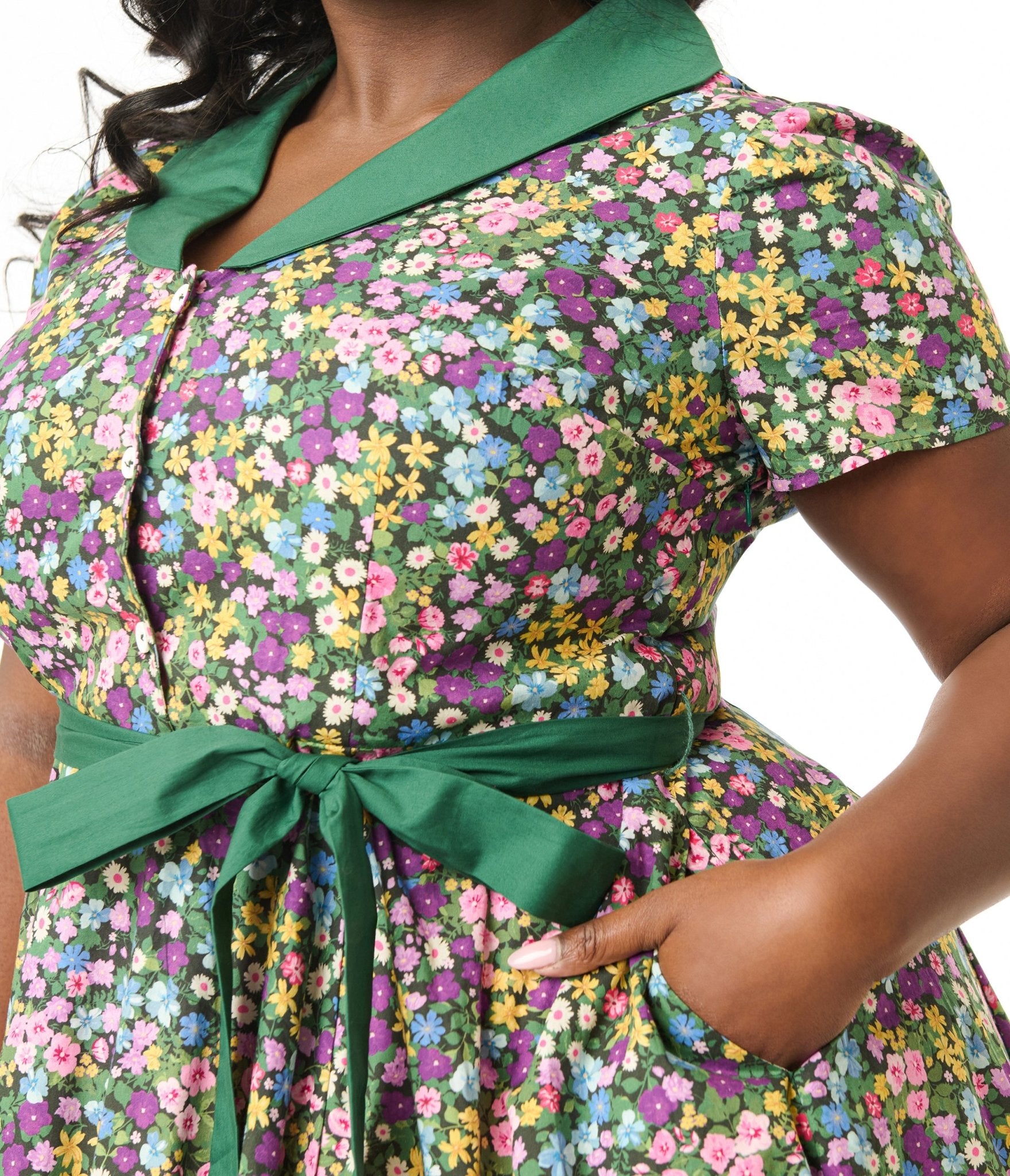 Unique Vintage Plus Size 1950s Green Ditsy Floral Cotton Shirt Dress