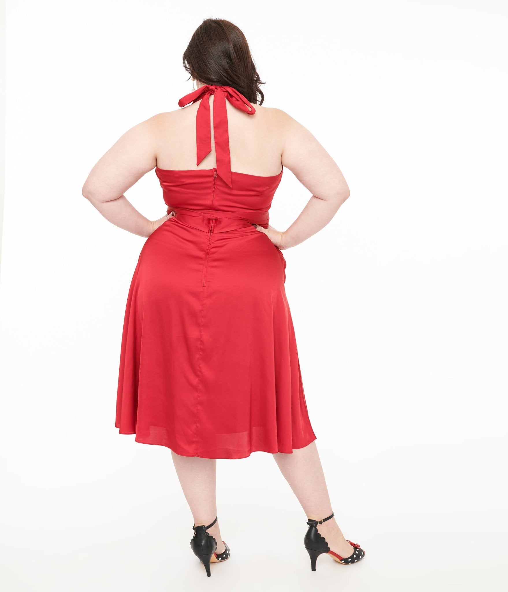 Unique Vintage Plus Size Red Satin Halter Swing Dress