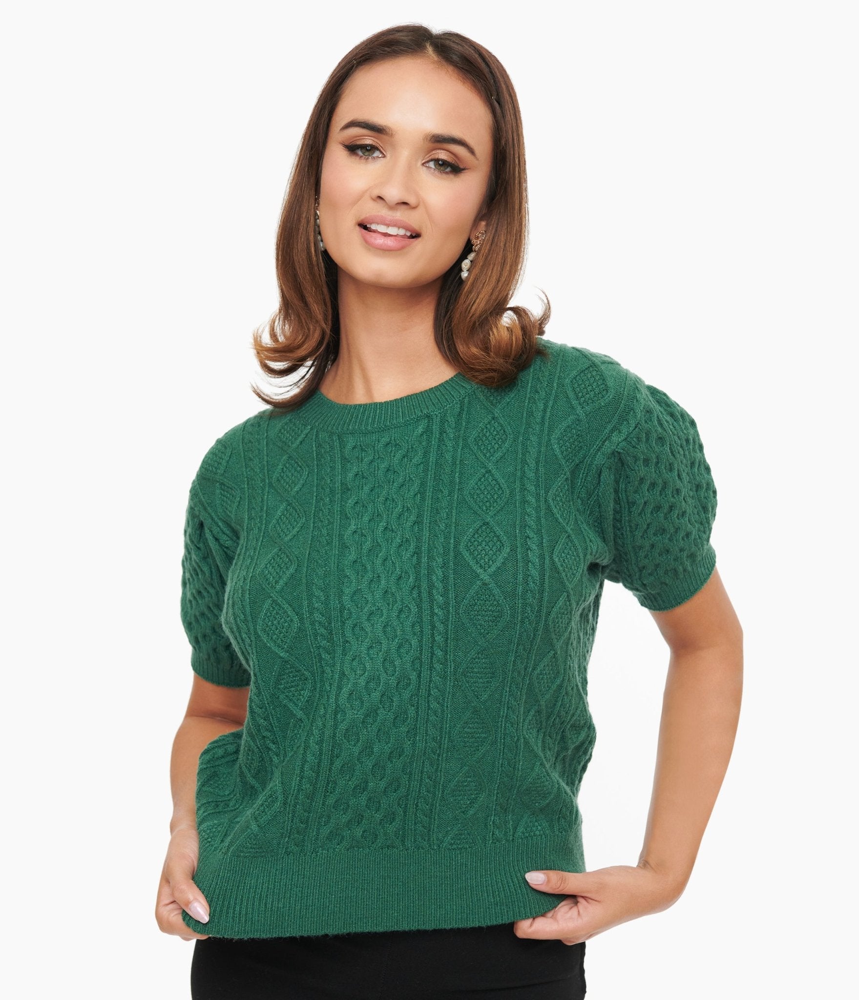 Hunter Green Cable Knit Short Sleeve Sweater