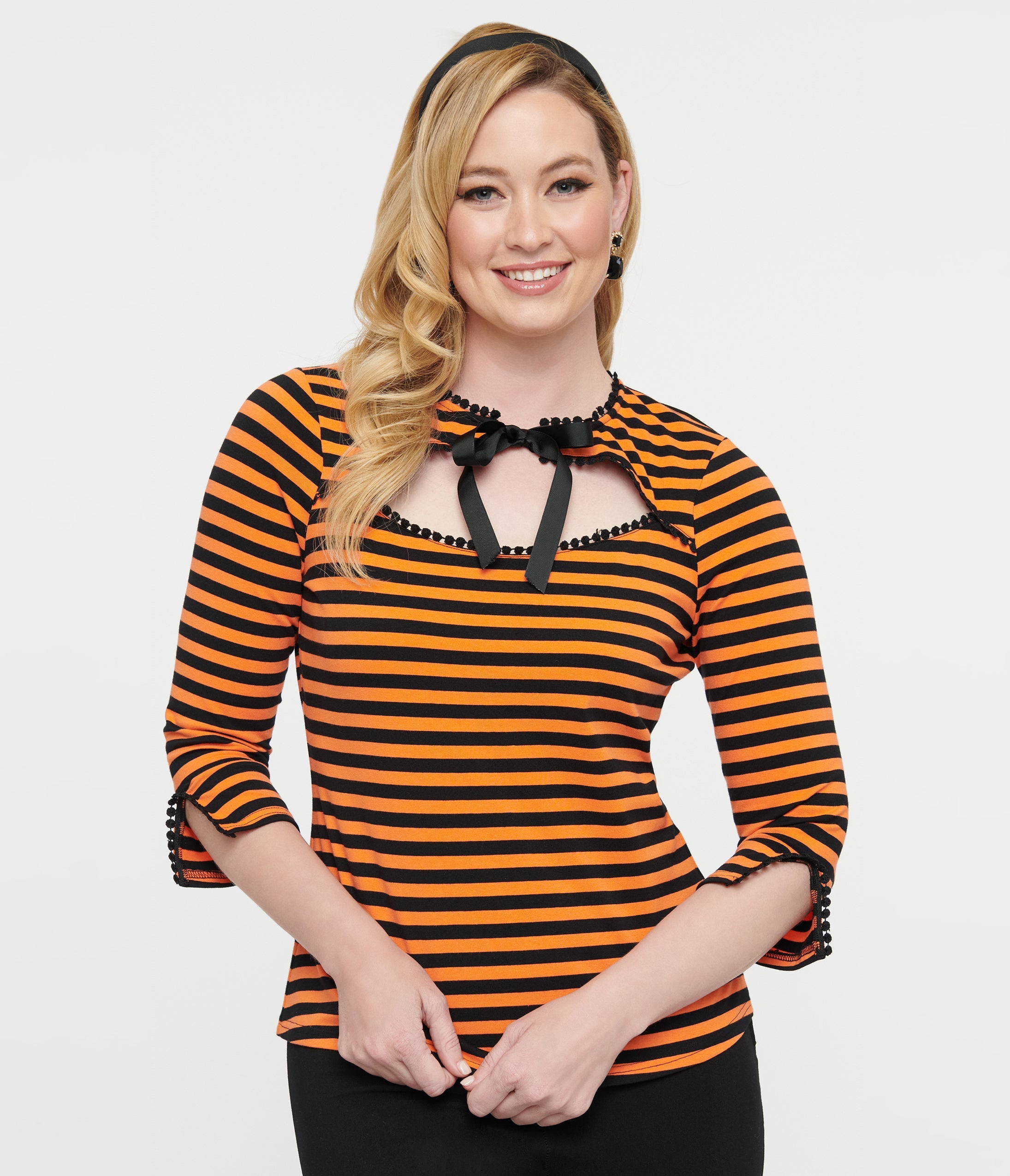 Unique Vintage 1950s Orange & Black Stripe Cutout Neck Tie Top