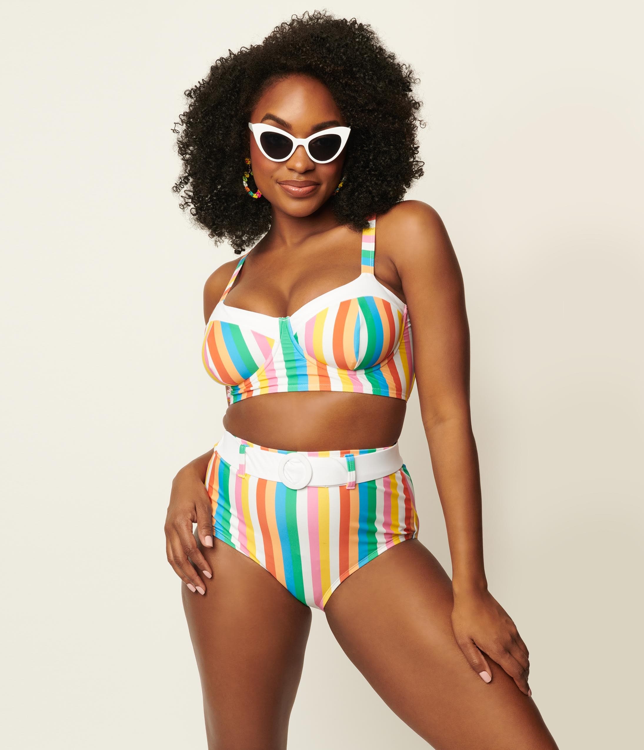 Unique Vintage Pride Rainbow Stripes Belted Redondo Swim Bottoms