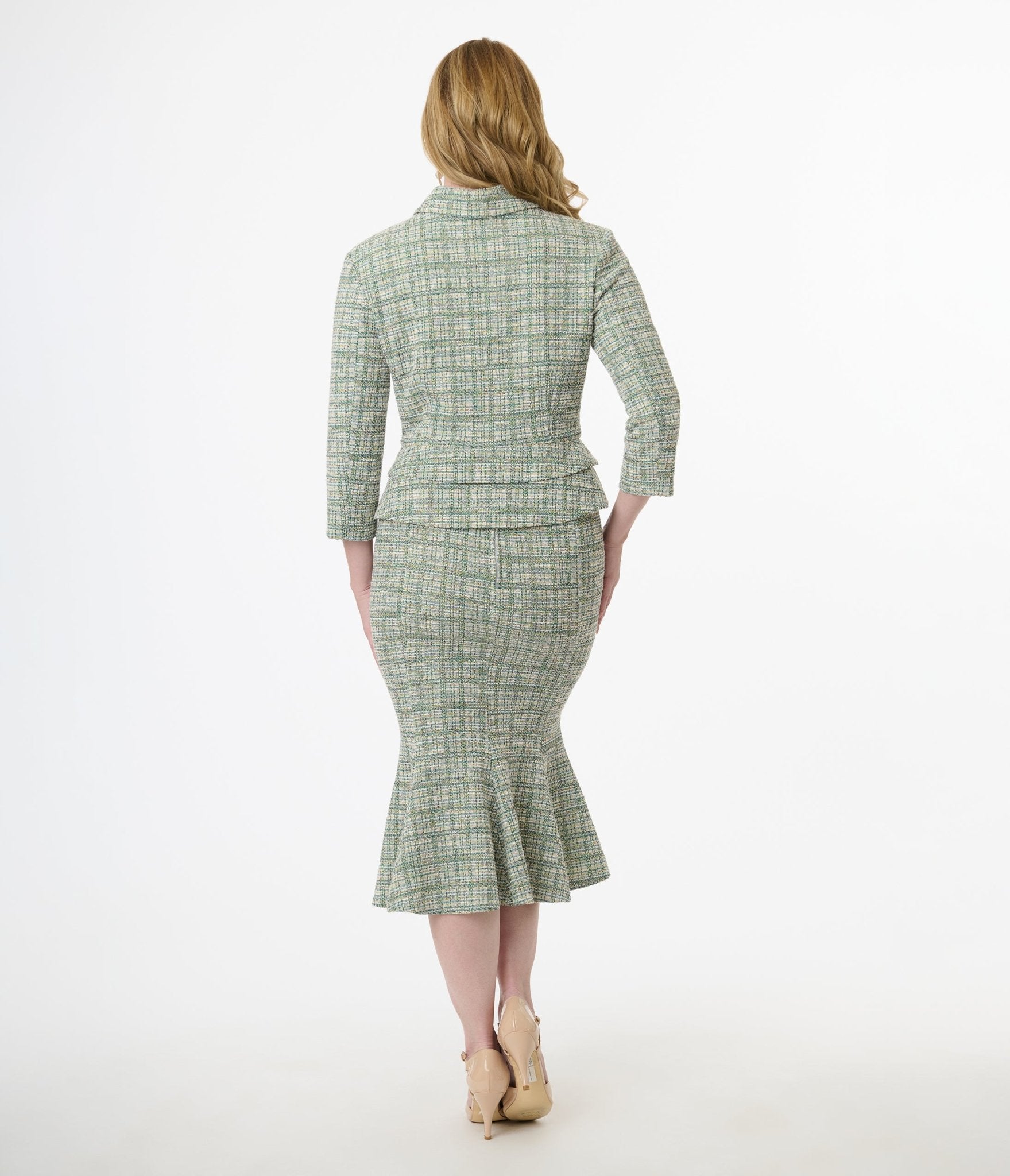 Unique Vintage 1940s Green Plaid Boucle Trumpet Skirt