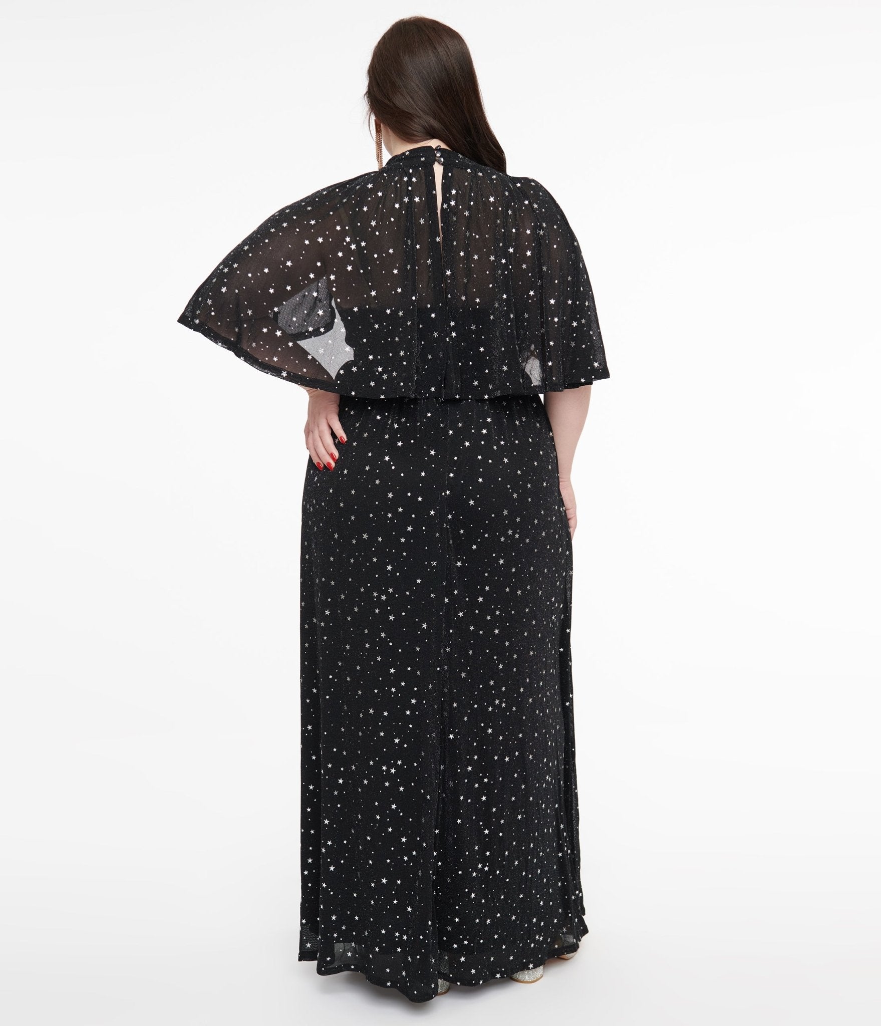 Smak Parlour Plus Size 1970s Black & Silver Star Cape Maxi Dress