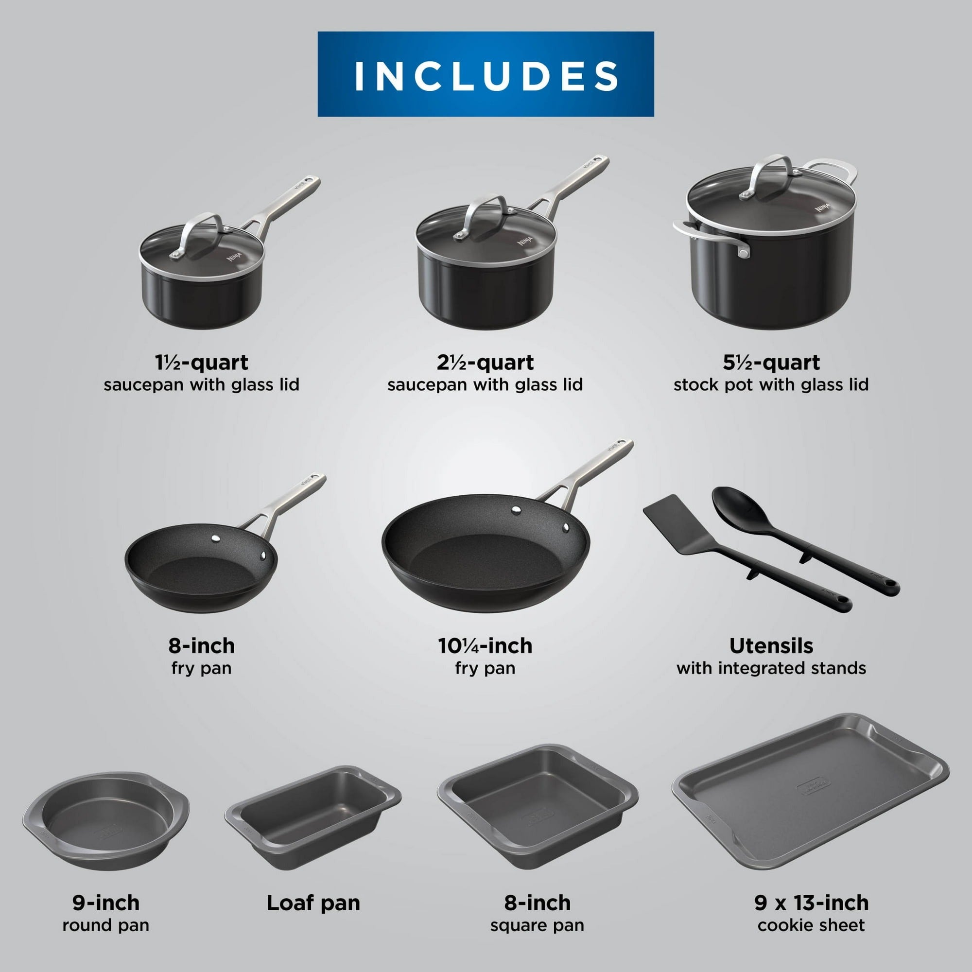 Ninja C19014WMBF NeverStick Essential 14-Piece Cookware and Bakeware Set