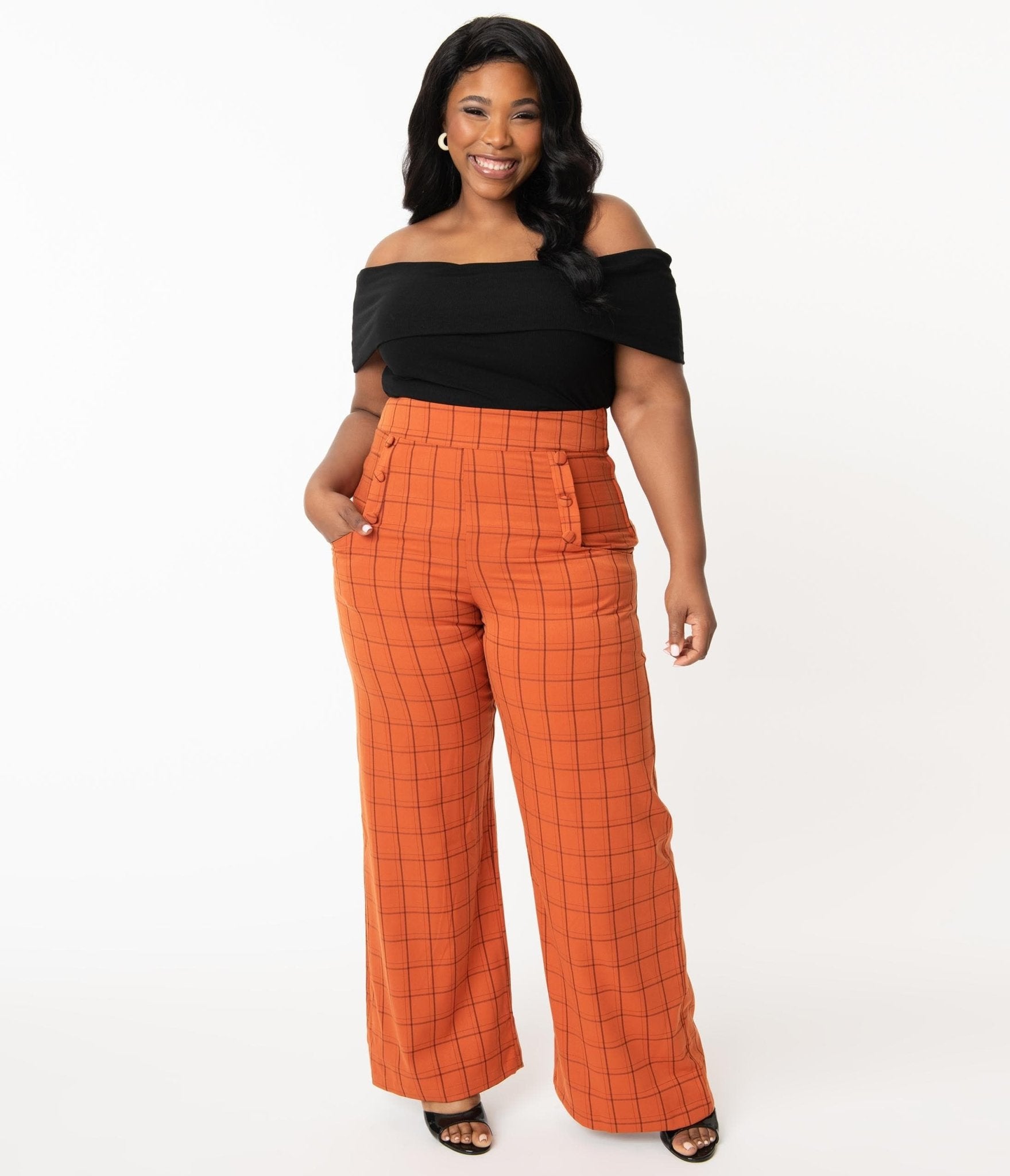 Unique Vintage Plus Size 1940s Orange Windowpane High Waist Ginger Pants