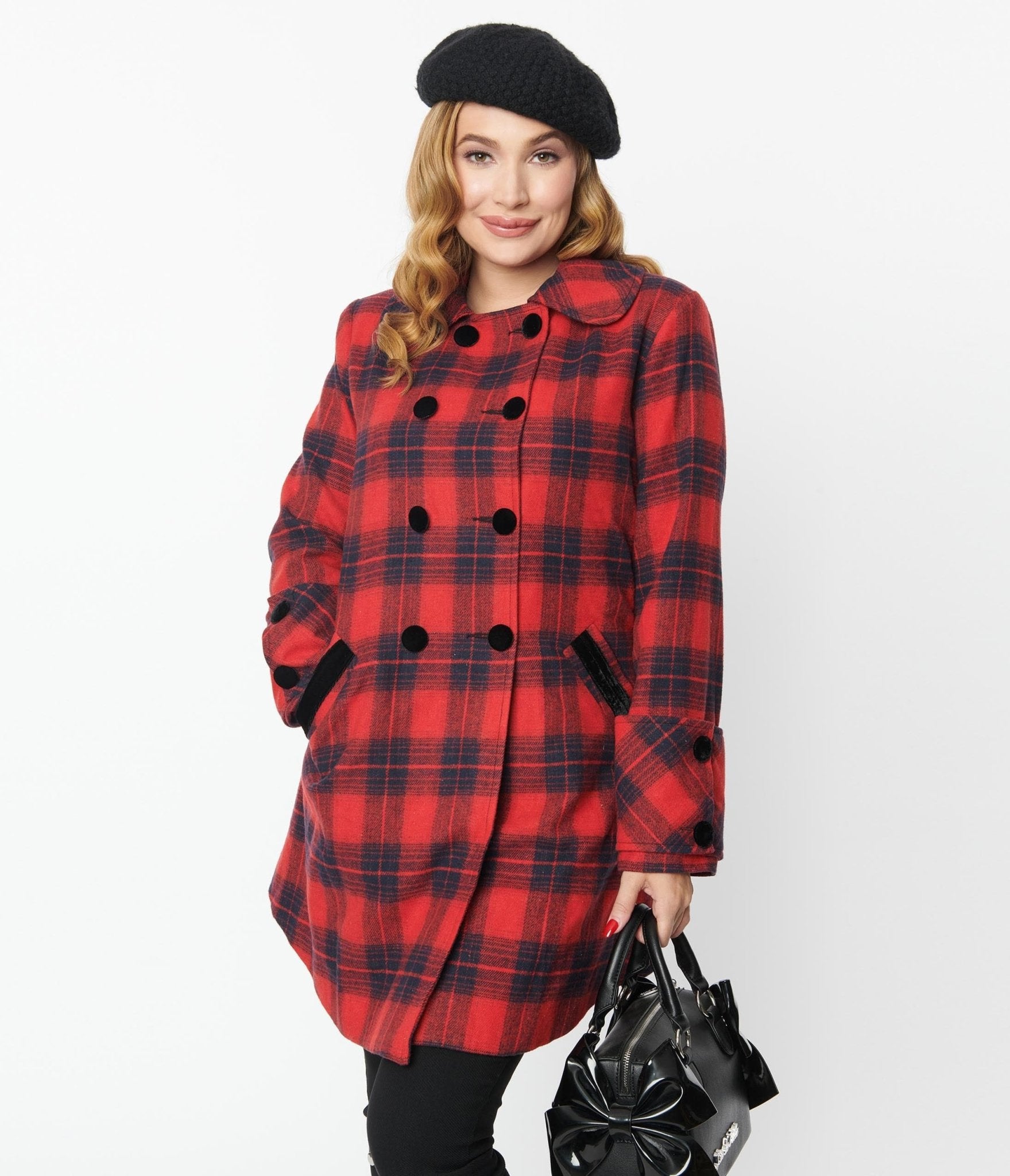 Unique Vintage Red & Navy Plaid Peacoat