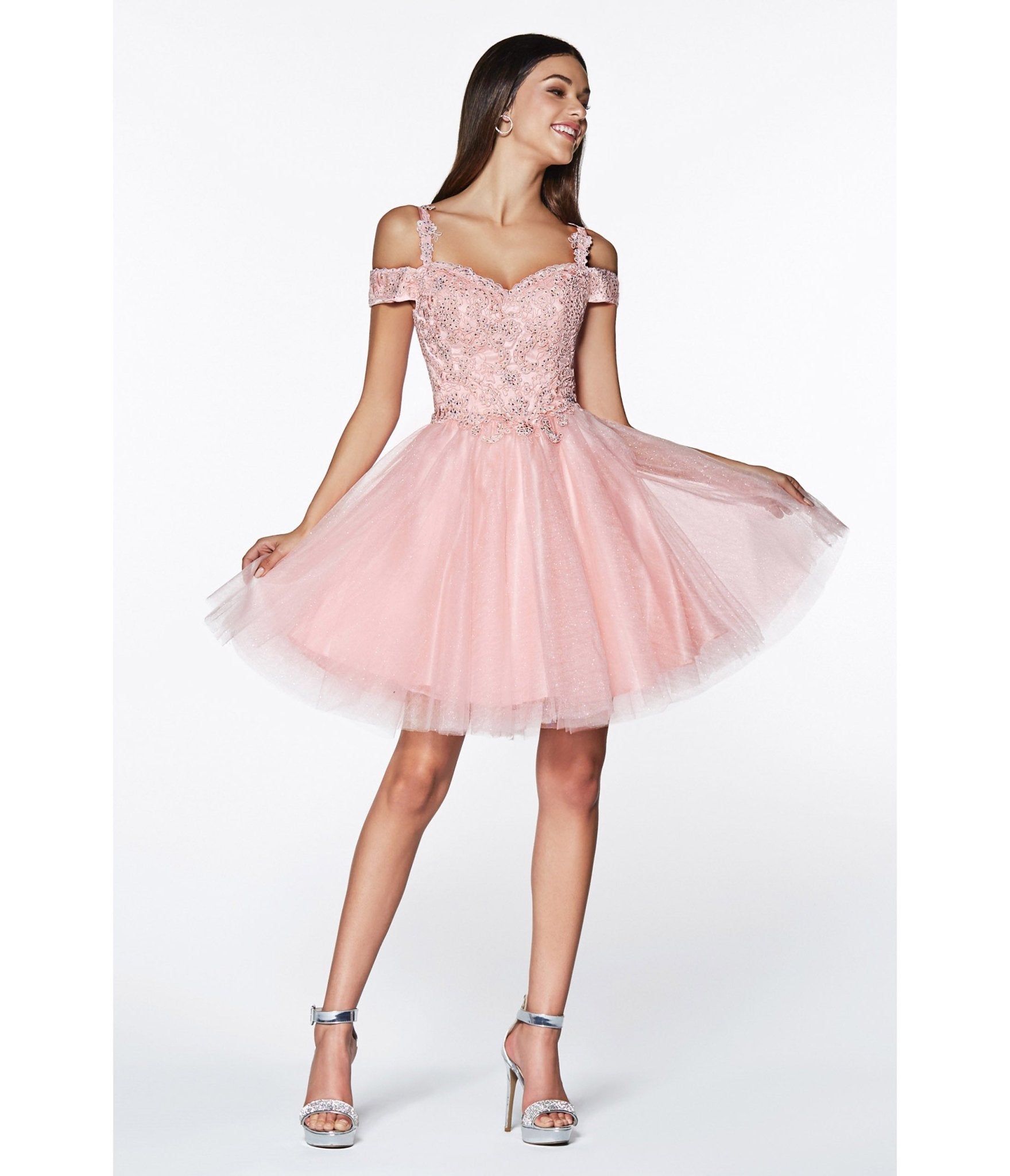 Ladivine by Cinderella Divine Blush Glitter Tulle Cold Shoulder Homecoming Dress