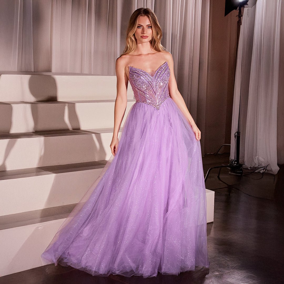 Ladivine by Cinderella Divine Lavender Beaded Strapless Tulle Prom Dress