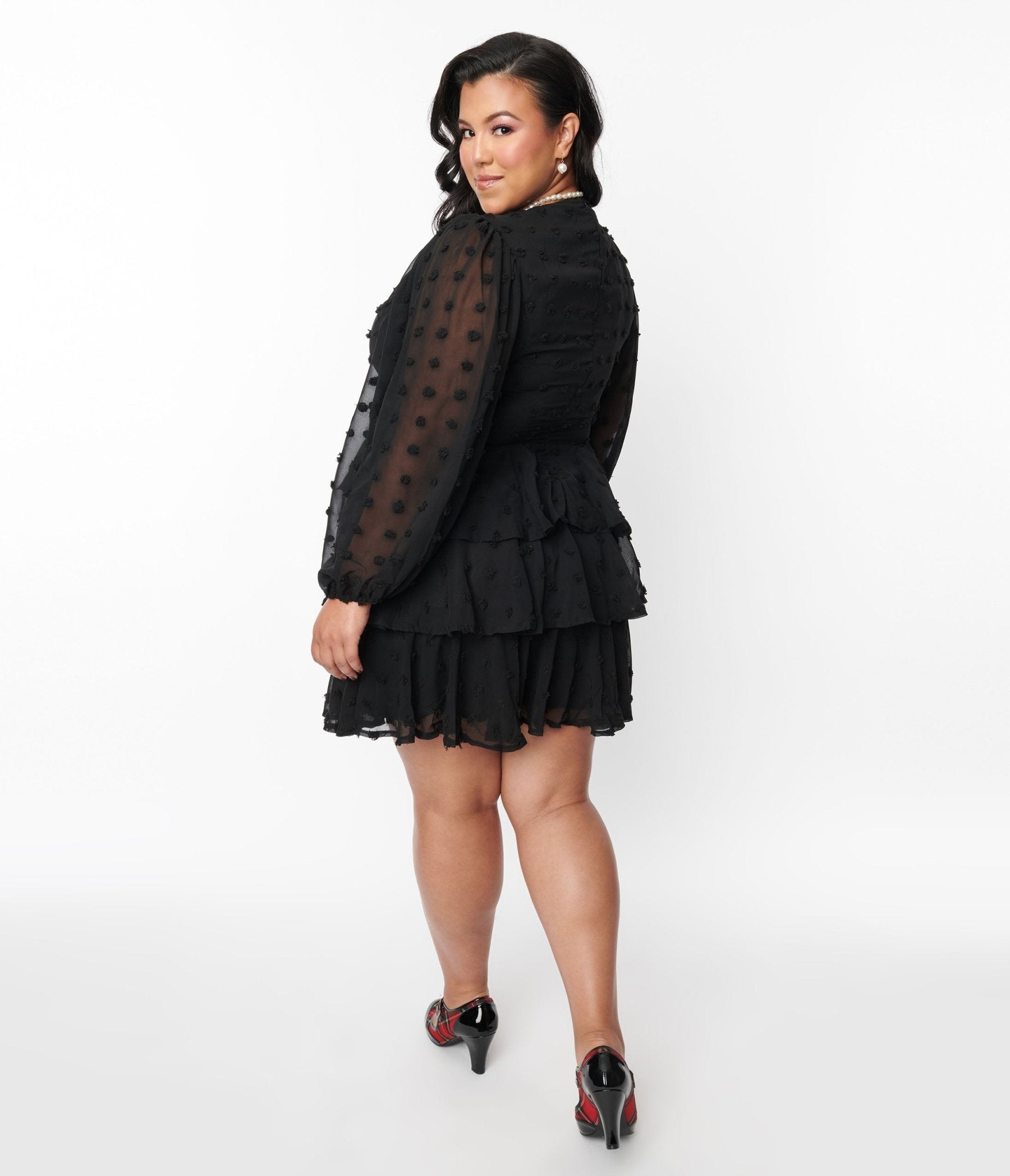 Black Clip Dot Ruffle Tiered Fit & Flare Dress