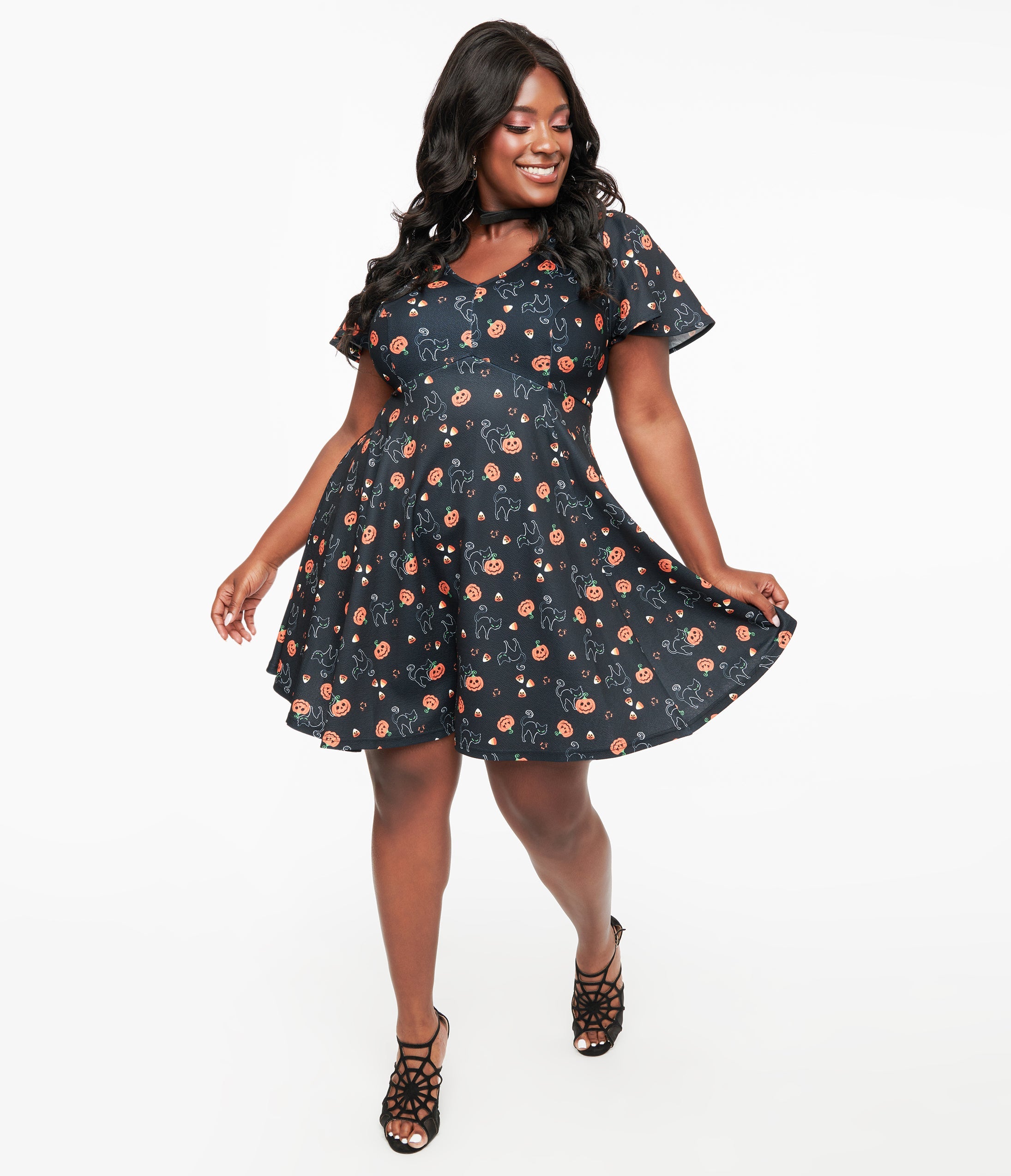 Unique Vintage Plus Size 1950s Black Spooky Cats & Pumpkins Poppy Flare Dress