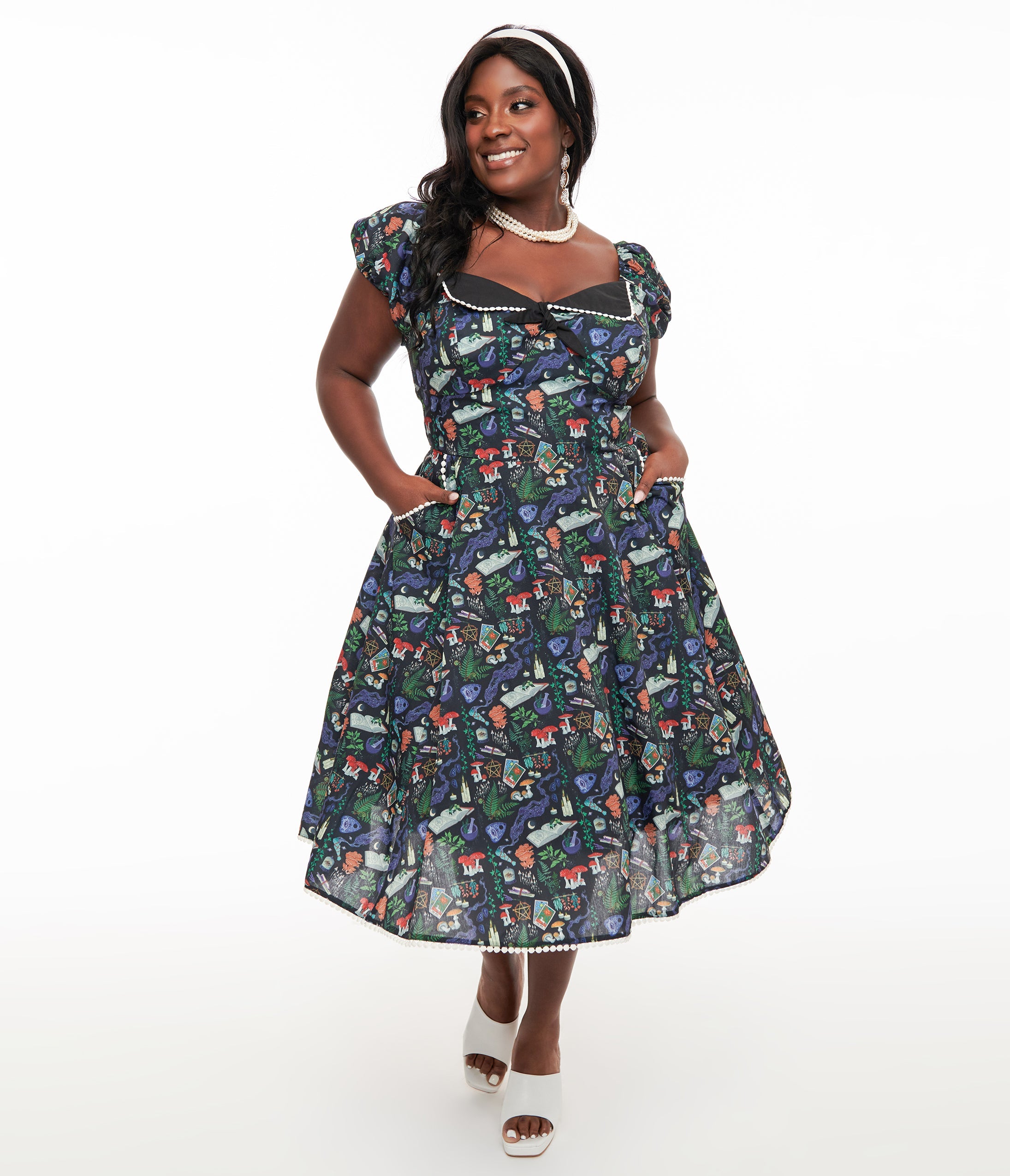 Unique Vintage Plus Size 1950s Black Spellbinding Print Swing Dress