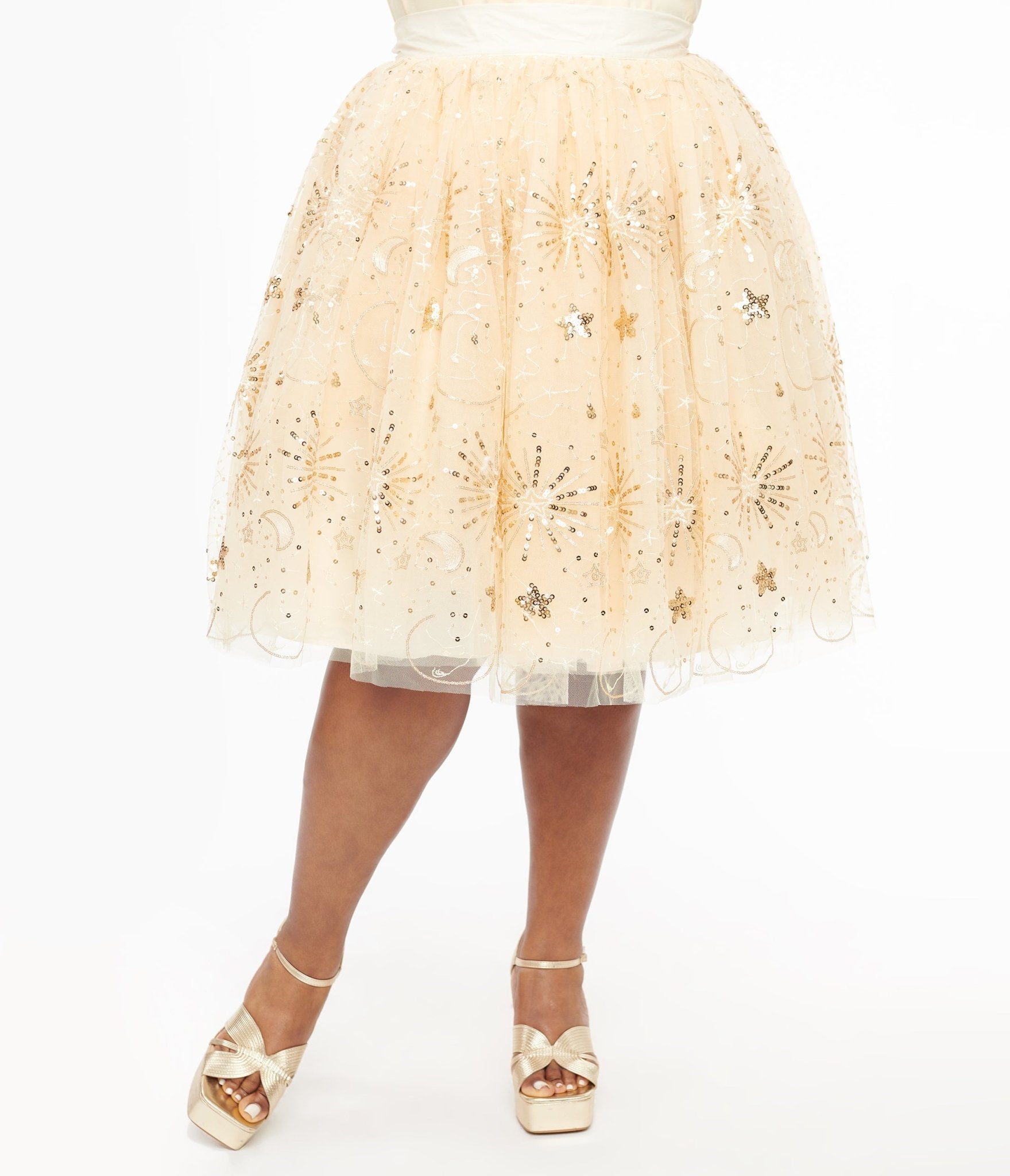 Unique Vintage Plus Size 1950s Gold Glitter Celestial Tulle Sweetie Pie Flare Skirt