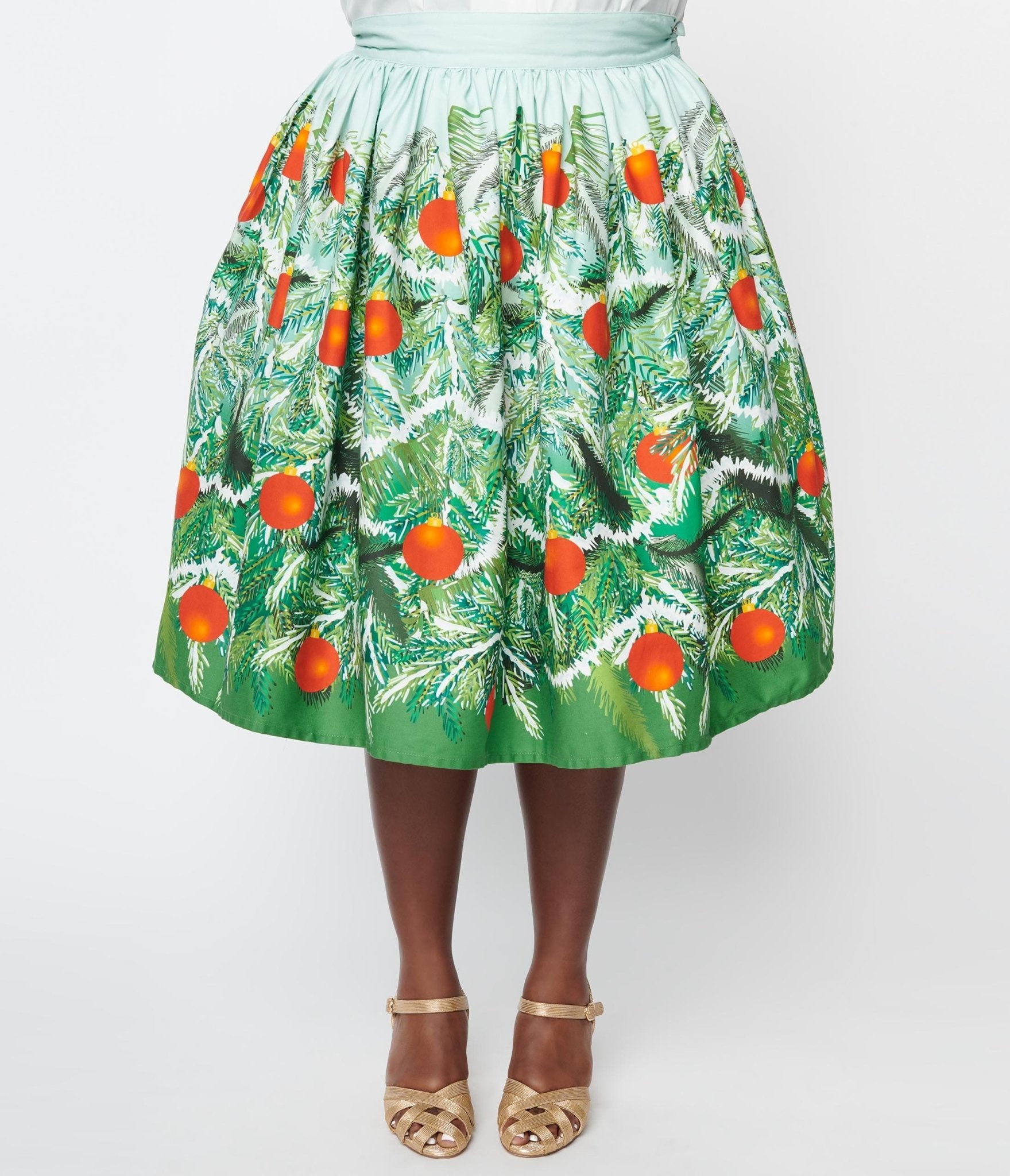 Unique Vintage Plus Size Green Evergreen & Red Ornaments Swing Skirt