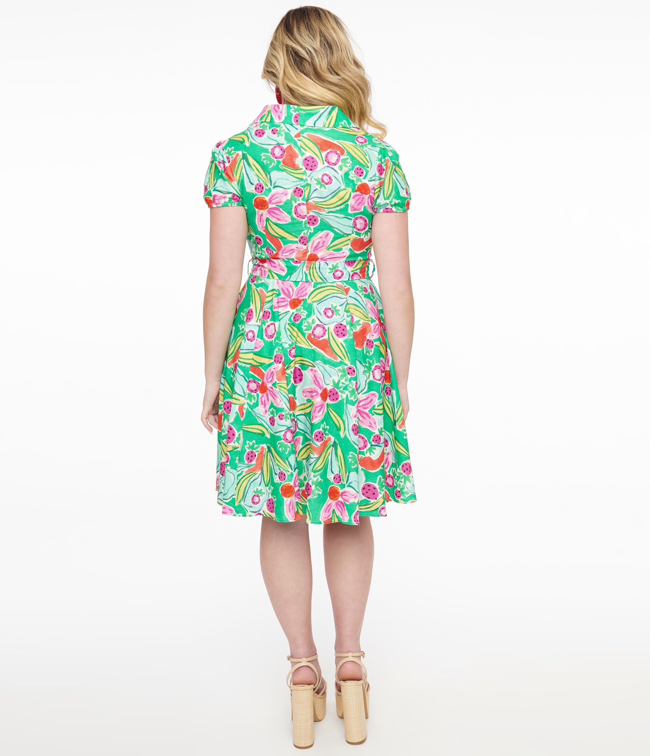 1950s Green & Pink Berry Bloom Print Monroe Fit & Flare Dress