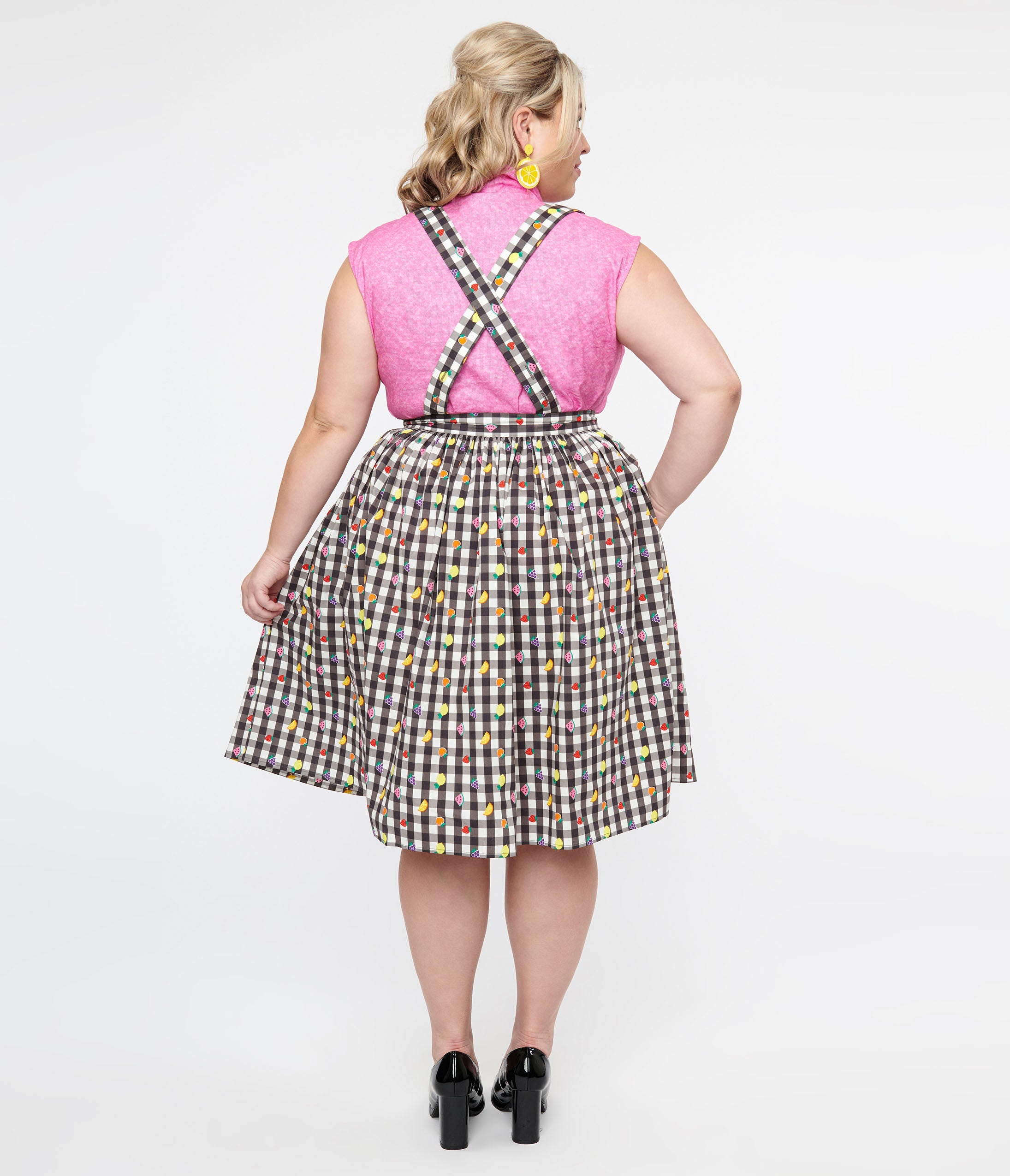 Hell Bunny Plus Size 1950s Black & White Gingham & Fruit Cotton Pinafore Swing Skirt