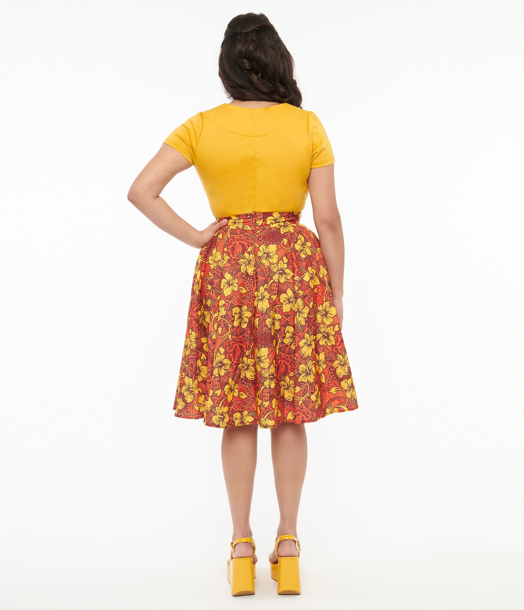 1950s Orange & Yellow Tropical Floral Mimosa Swing Skirt