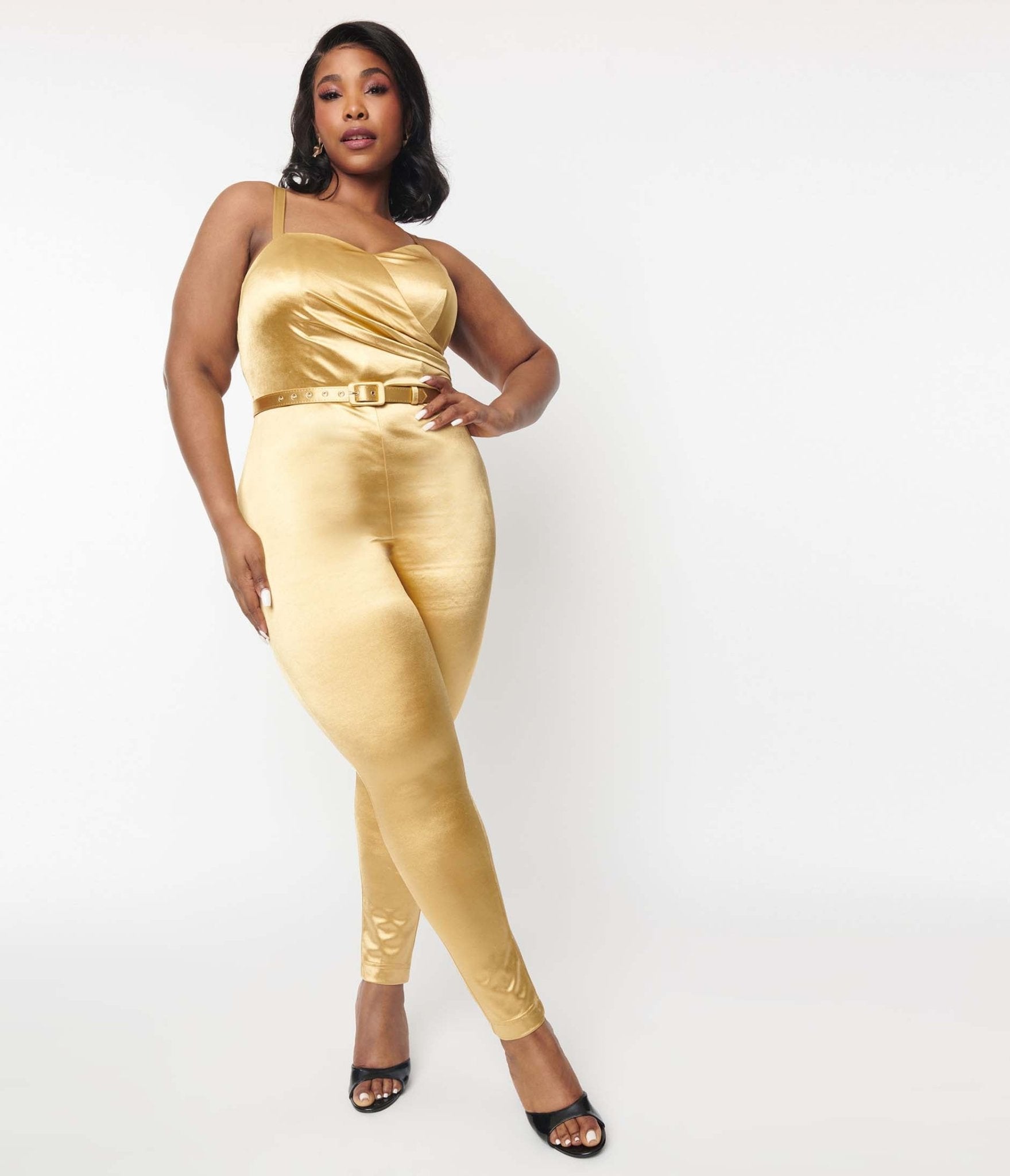 Unique Vintage Plus Size 1970s Gold Spandex Belted Jumpsuit