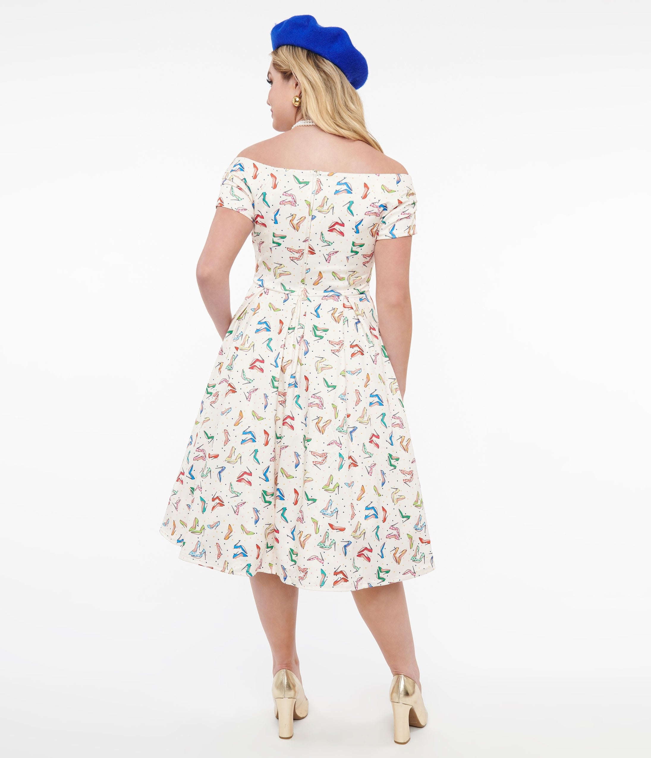 Dolly & Dotty 1950s Cream & Multicolor Heels Swing Dress