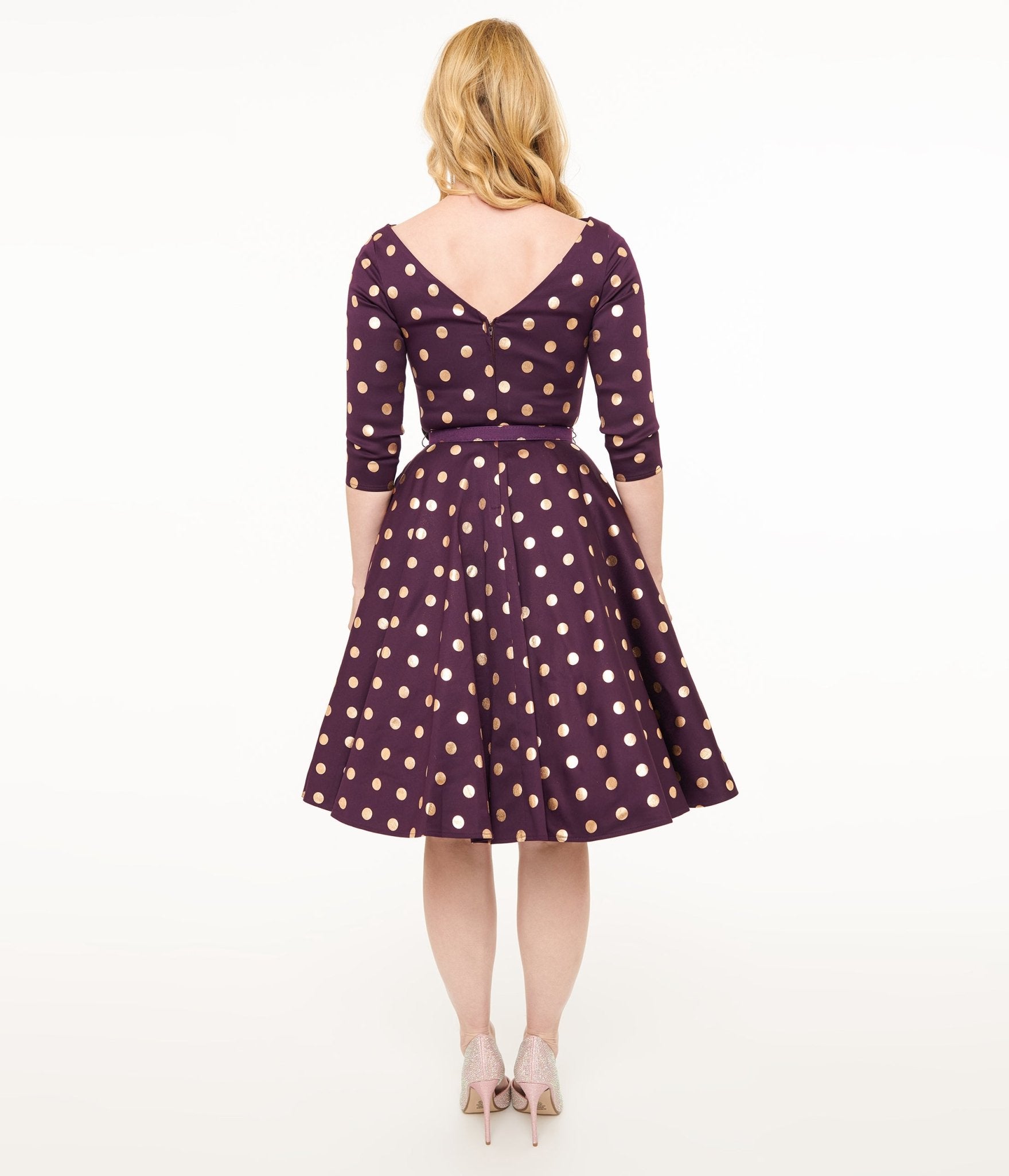 Unique Vintage 1950s Eggplant Rose Foil Polka Dot Devon Swing Dress