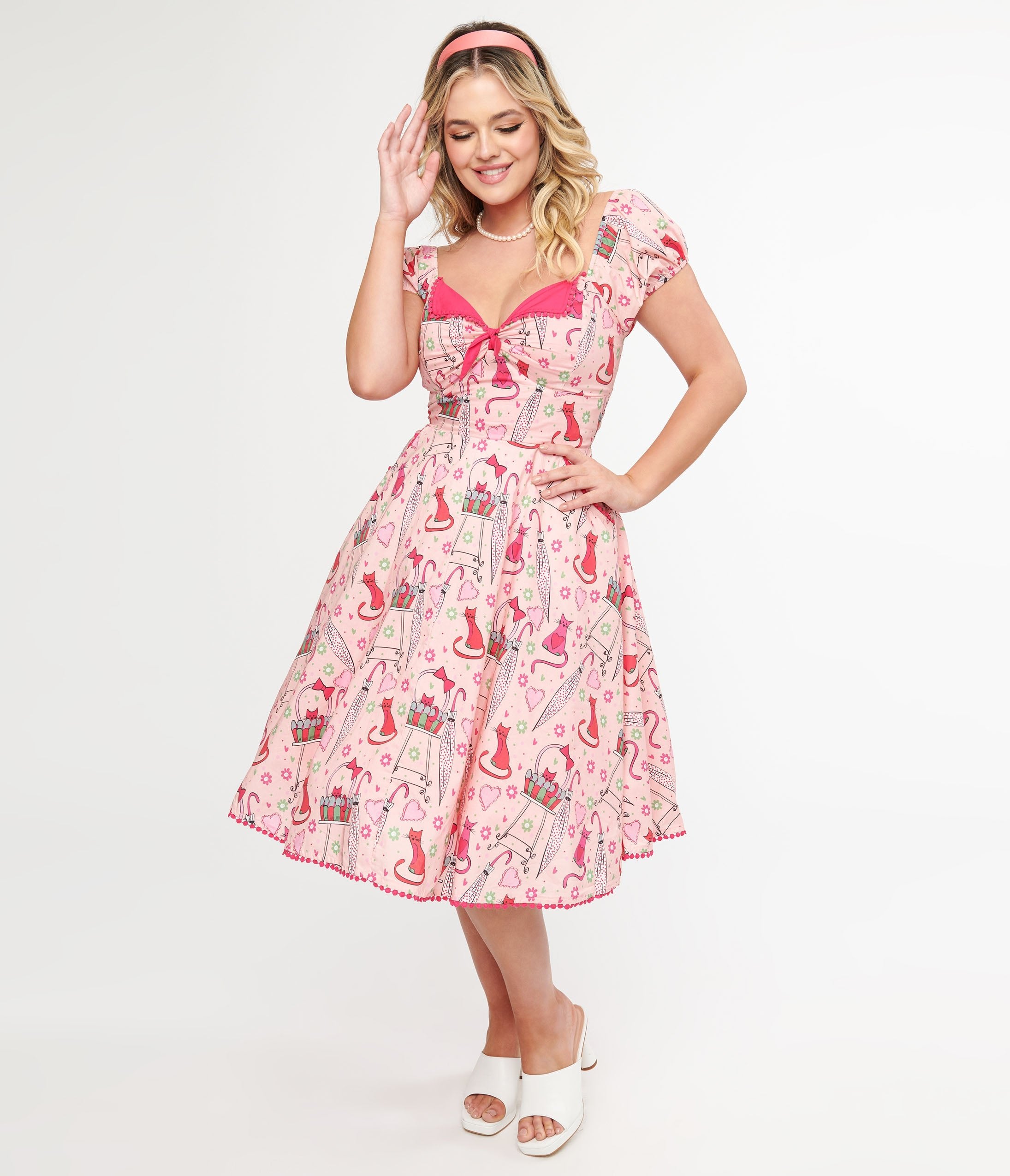 Unique Vintage 1950s Pink Caturday Print Cotton Swing Dress