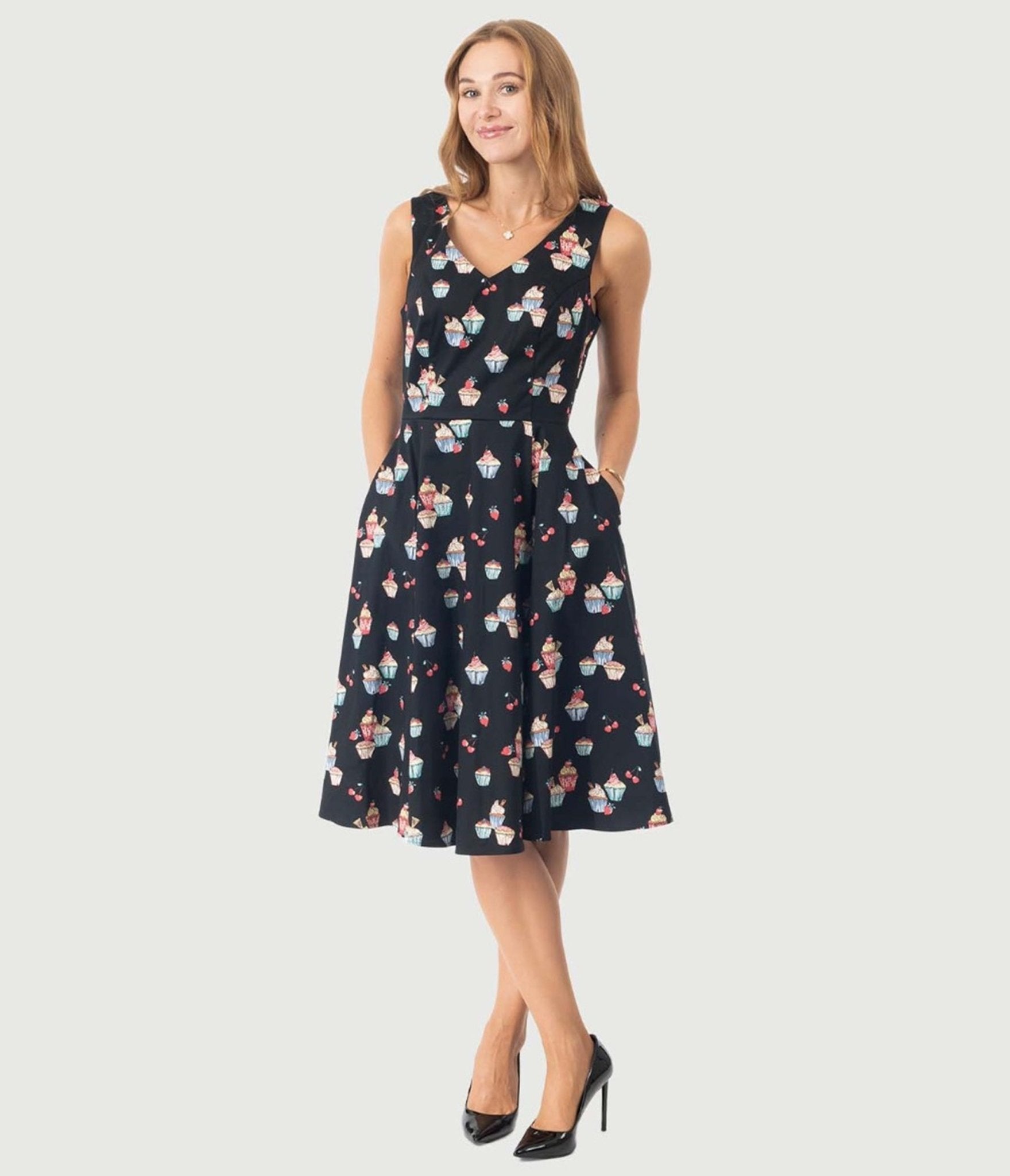 Black Cupcake Print Swing Dress