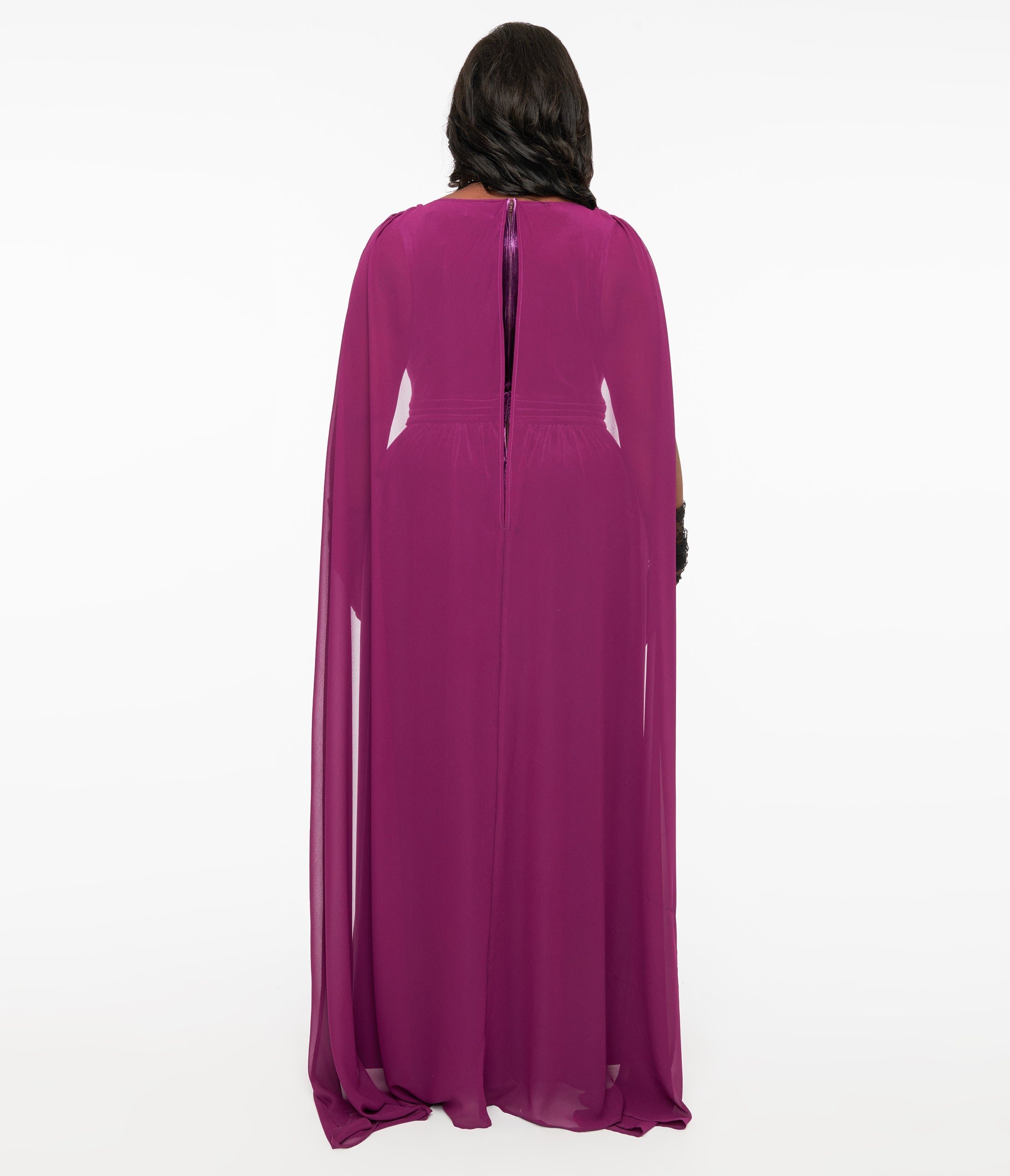 Unique Vintage Plus Size Eggplant & Black Bat Velvet Cape Gown